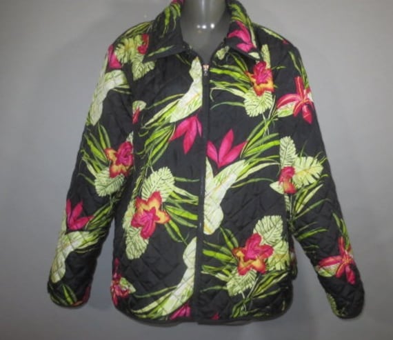 Vintage 1990's Tropical Quilted Silk Jacket, Lightweight, Poly Lining, Med Shoulder Pads, No Pockets, Front Zipper, Good Condition, X Large