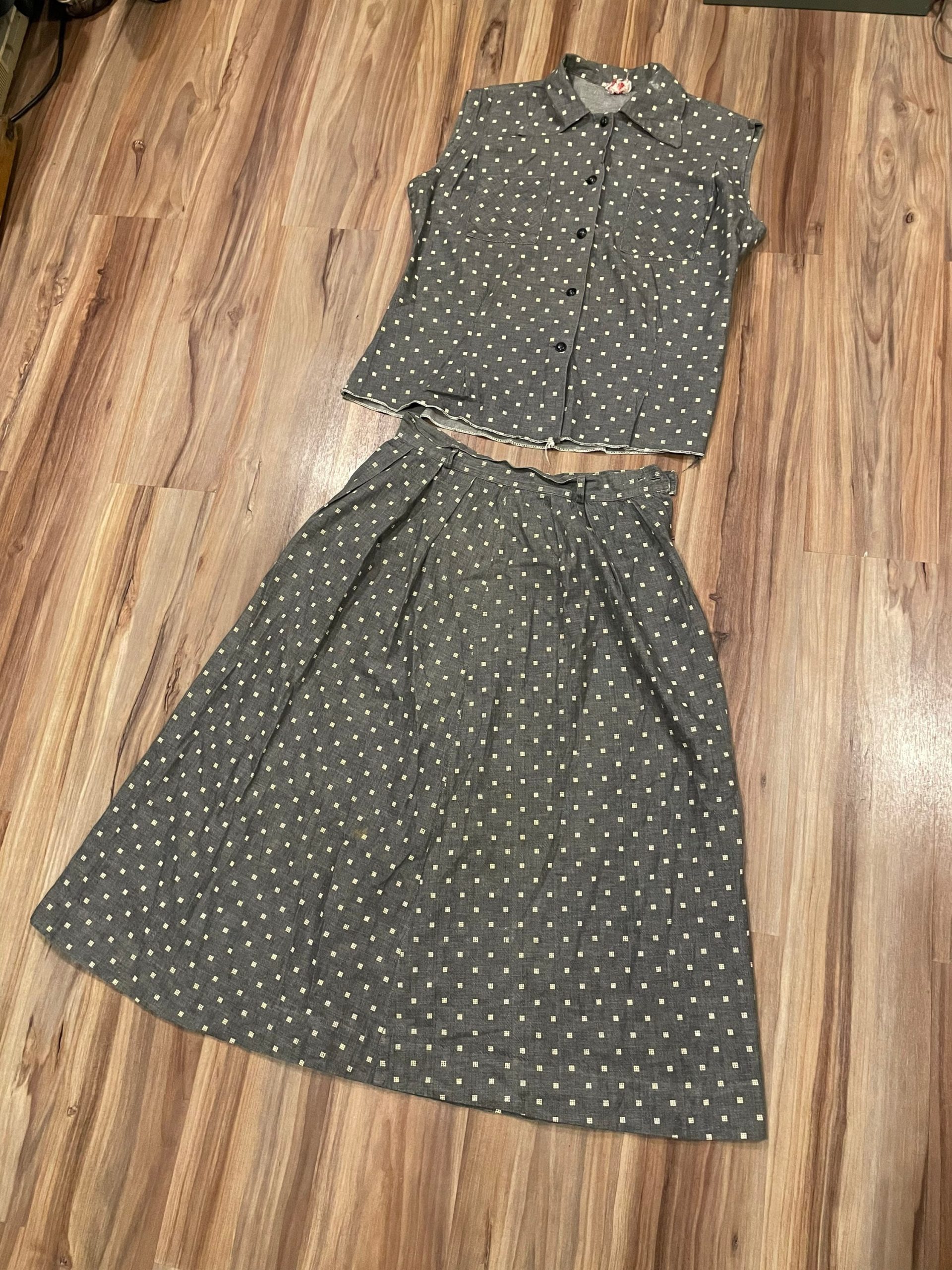 Vintage 40S 2 Piece Work Wear Dress Blouse Top & Skirt Cone Denim Grey Patterned Women's USA Made