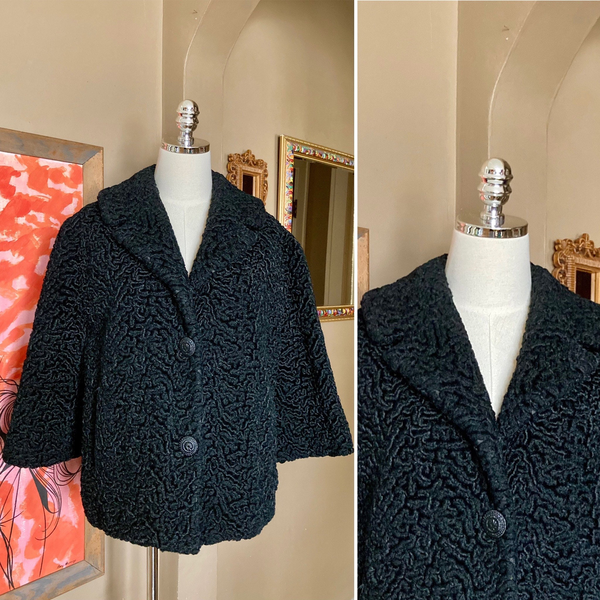 Vintage 60S Black Faux Curly Lambswool Cropped Coat/Mid Century Jacket