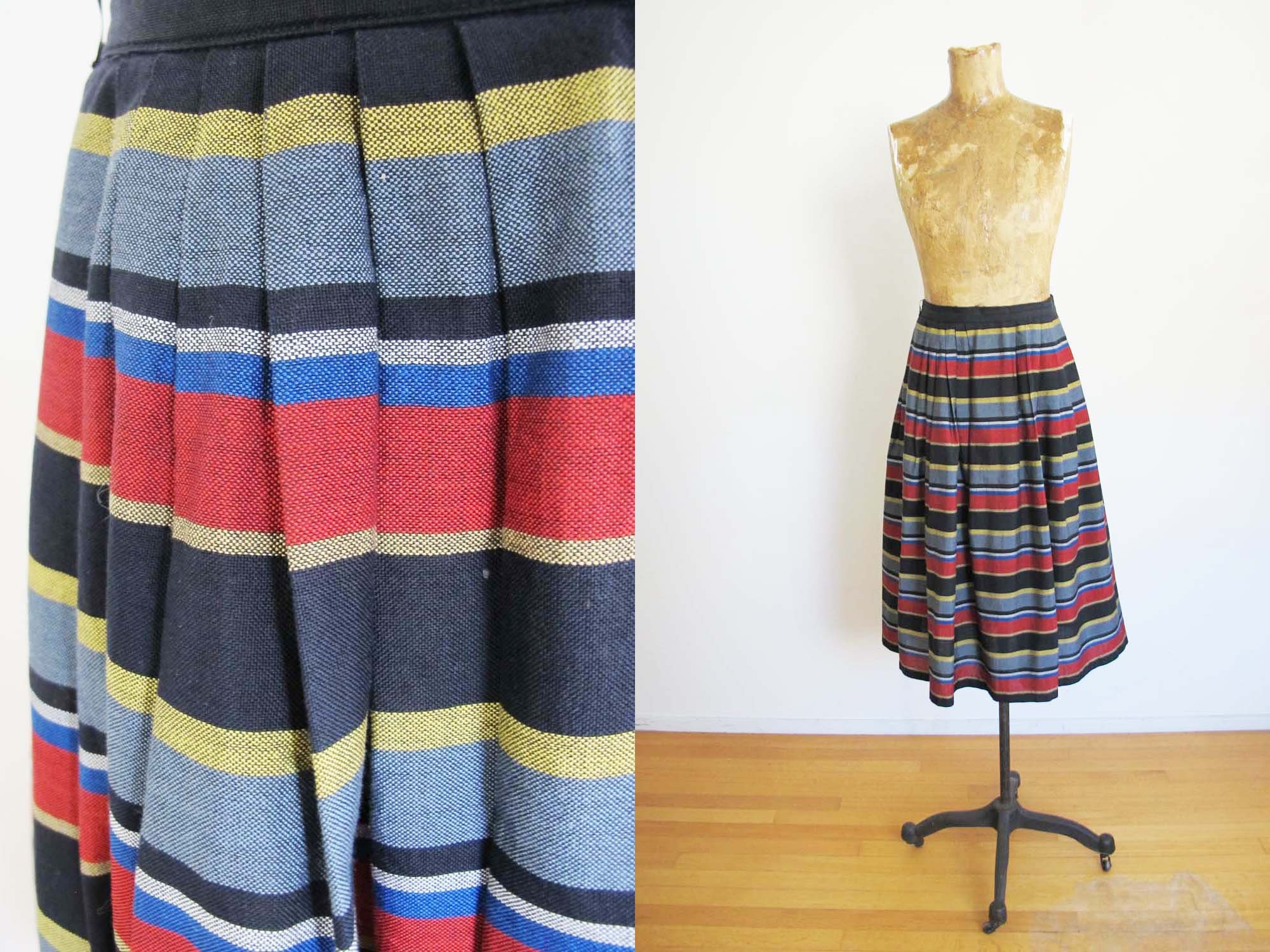 Vintage 60S Striped Pleated Skirt S - Bobbie Brooks 1960S Full Circle High Waist Black Blue Red Folk Boho Midi