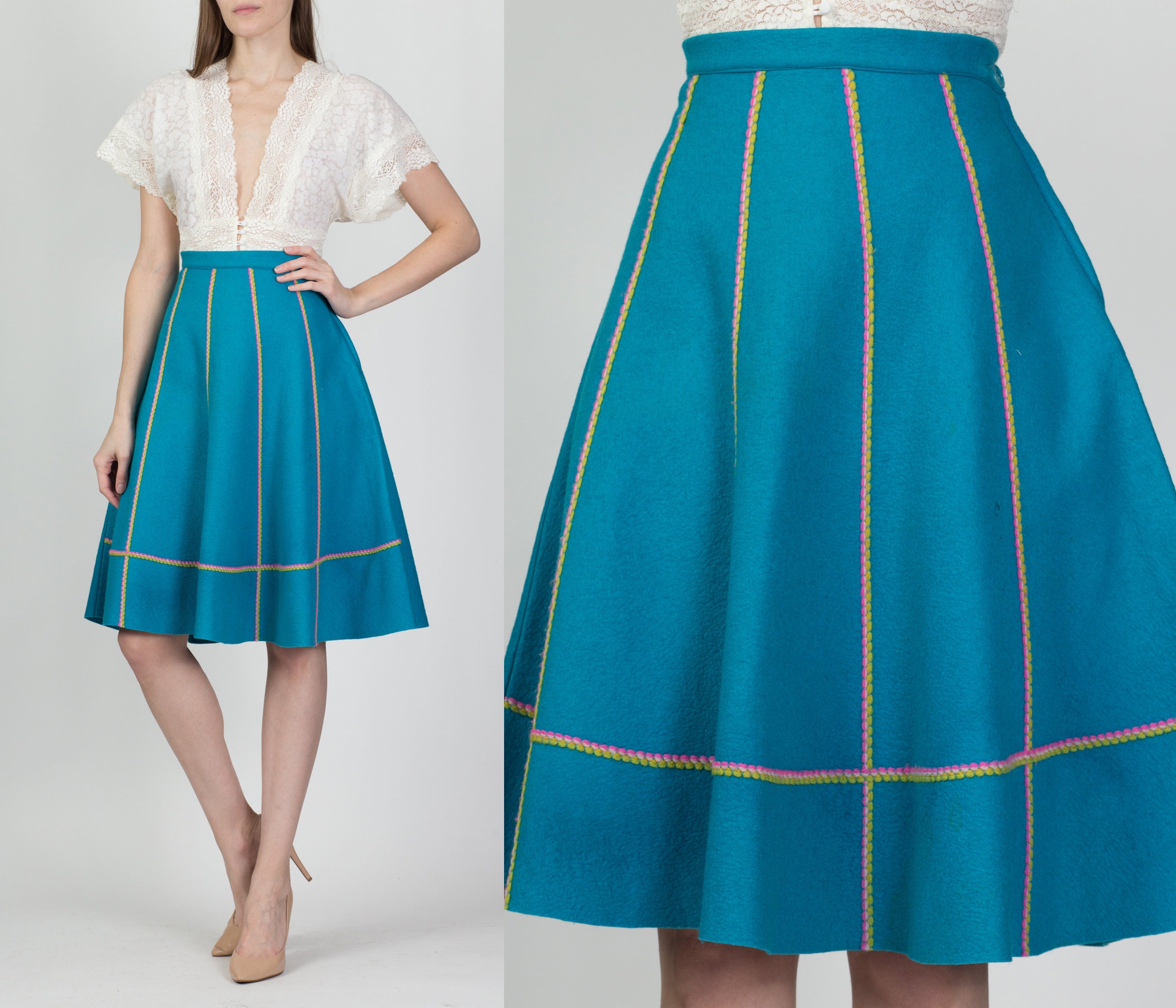 Vintage 60S Teal Felt Striped Skirt Small, 27" | Knee Length High Waist Half Circle