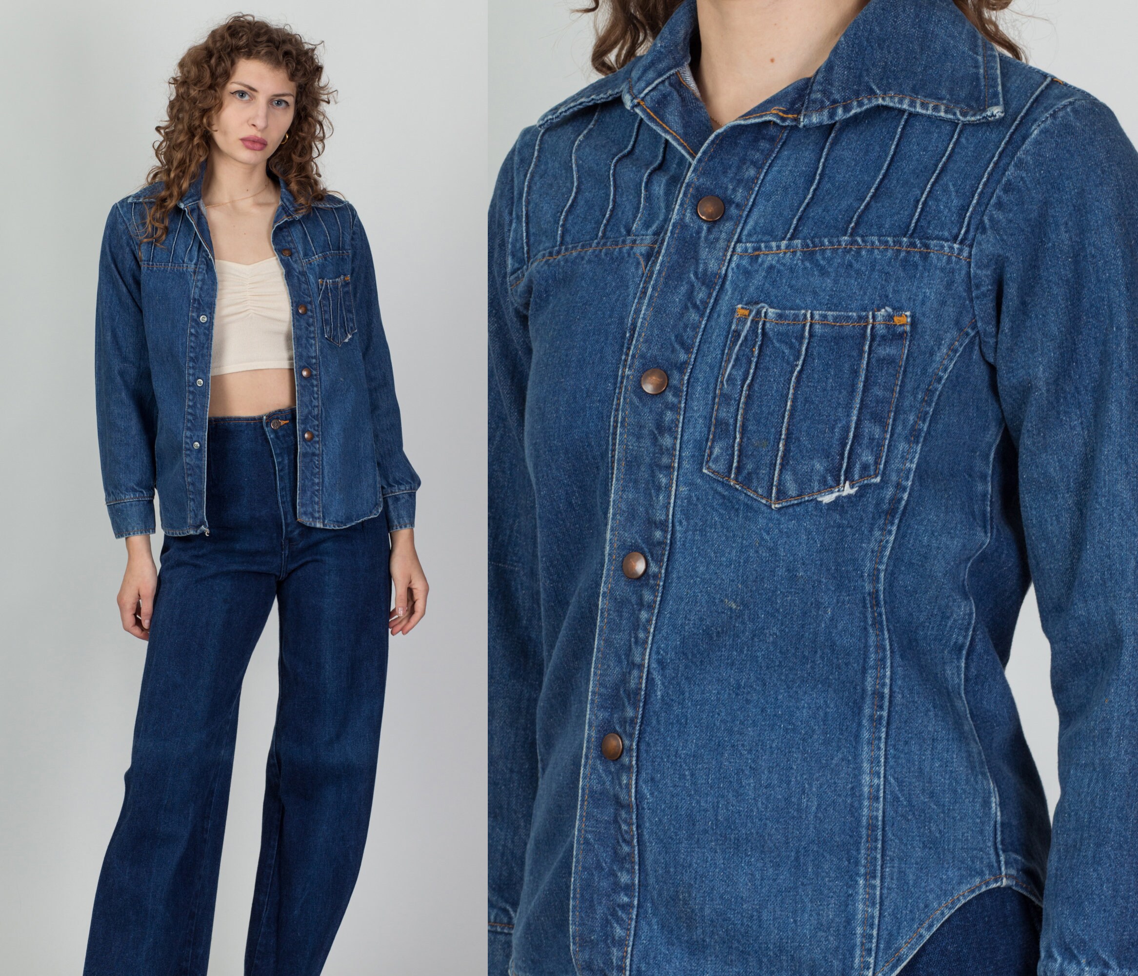 Vintage 70S 80S Gap Jean Shirt Extra Small | Medium Wash Blue Denim Lightweight Snap Up Jacket