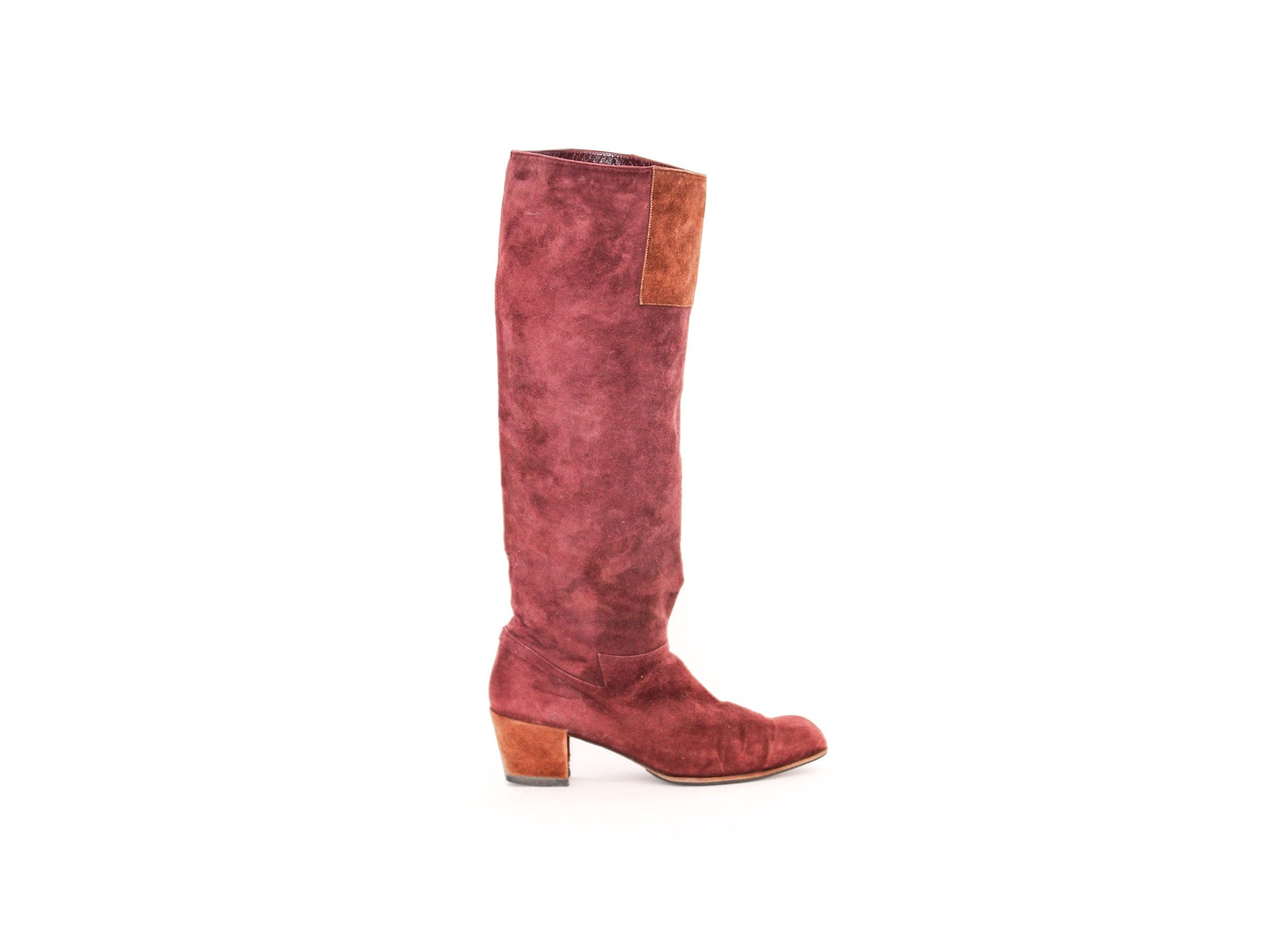 Vintage 70S Burgundy Sienna Colorblock Mod Suede Leather Knee High Slouchy Stacked Heels Square Toe Boots Hippie Boho Western 9 10