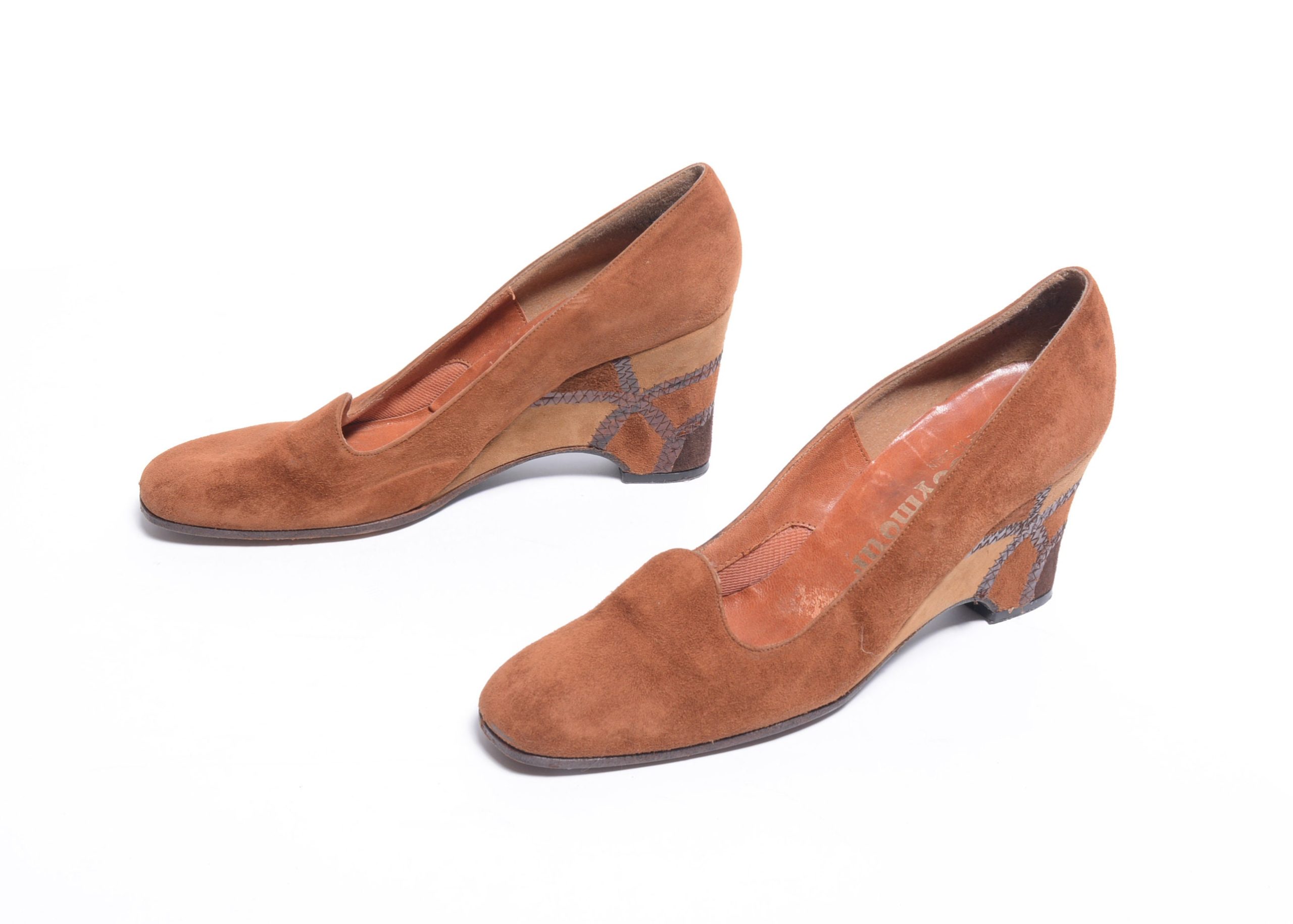 Vintage 70S Suede Wedge Brown Tan Patchwork Mr. Seymour Spain 1970 Women Size 7 Aaa Narrow