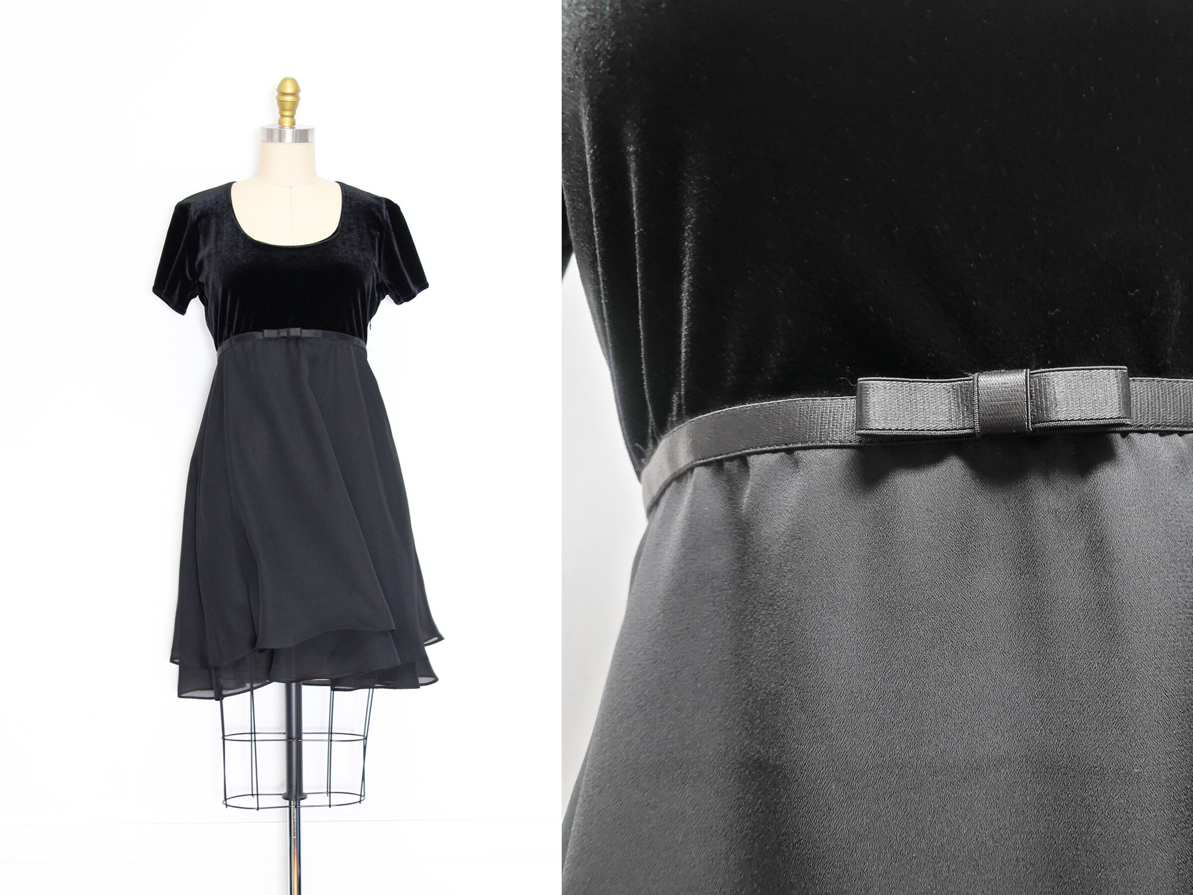 Vintage 80S 90S Black Tuxedo Cocktail Evening Party Velvet Chiffon Tiered Ruffle Skirt Empire Waist Grunge Goth Dress 8 S M