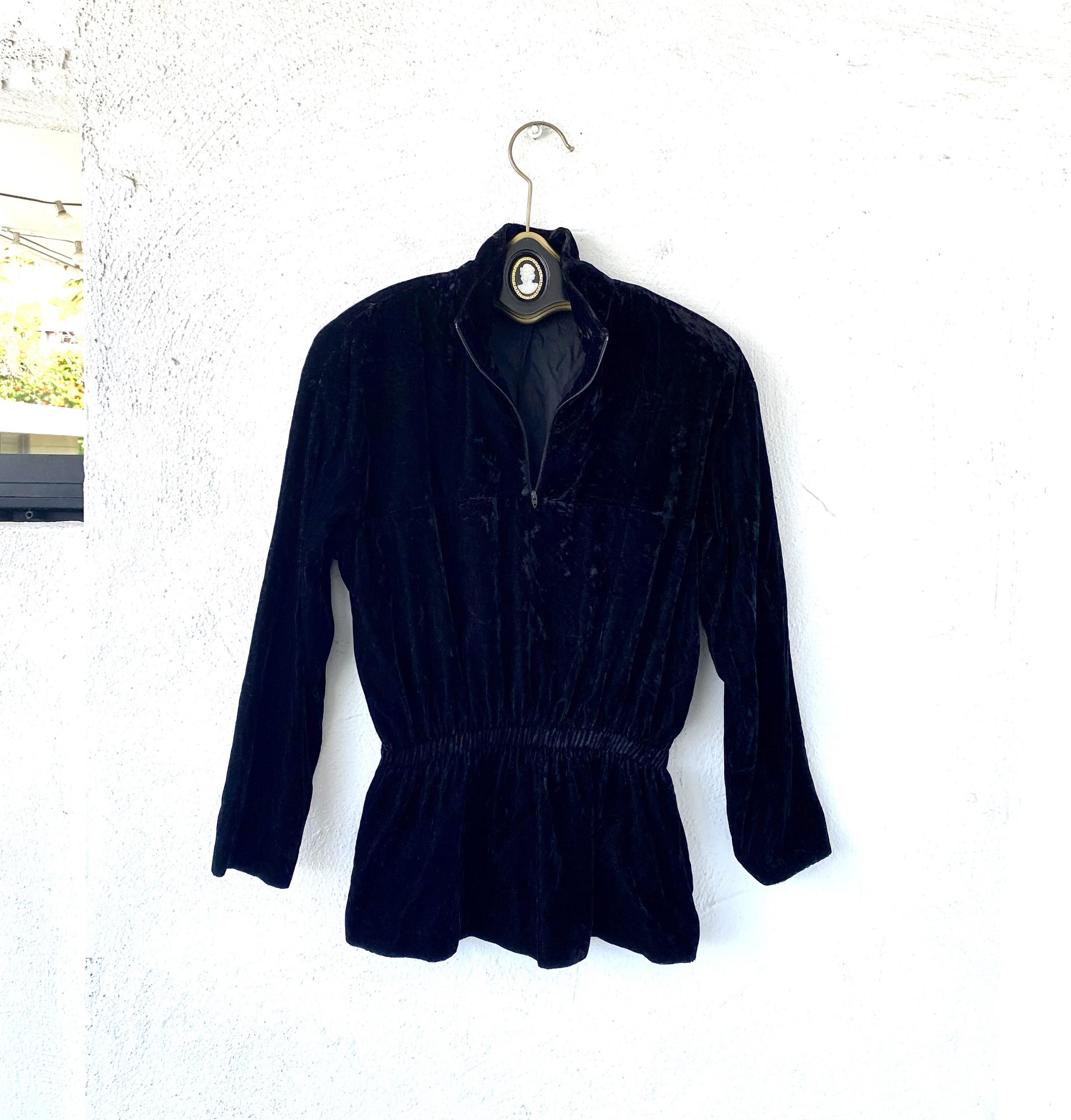 Vintage 80S 90S Velvet Pullover Sweatshirt Quarter Zip-Up Shirt Top