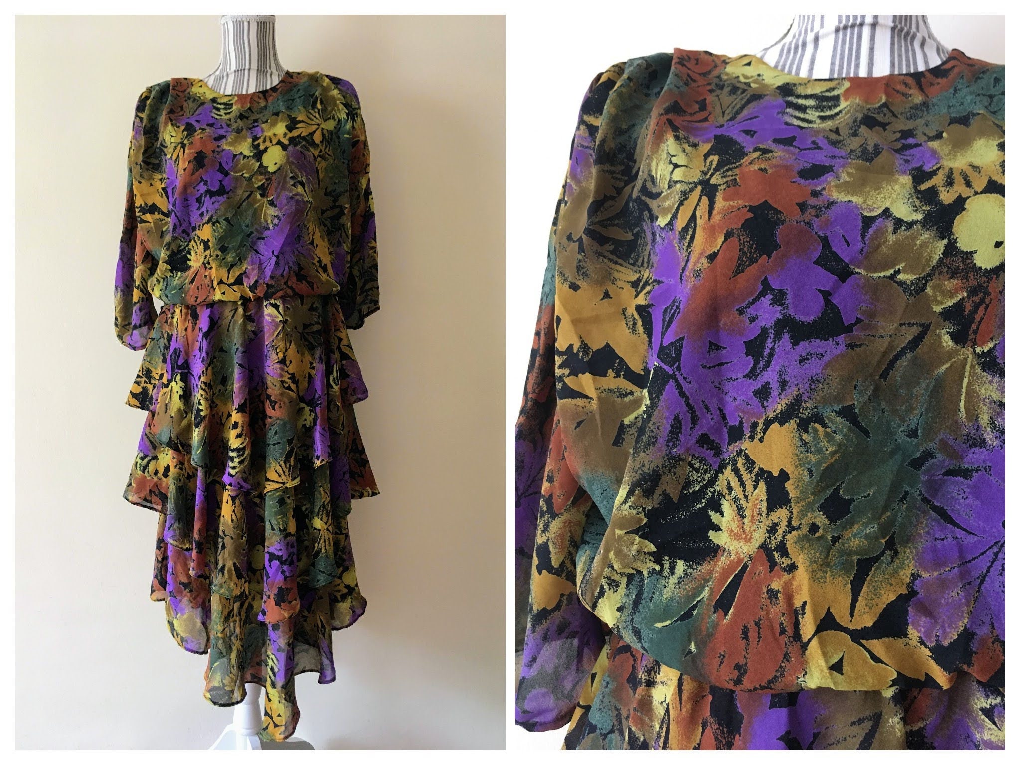 Vintage 80S Autumn Leaves Dress, Sheer Floral Flowy Midi Dress With Layered Skirt, Abstract Print Asymmetrical Fall Outfit