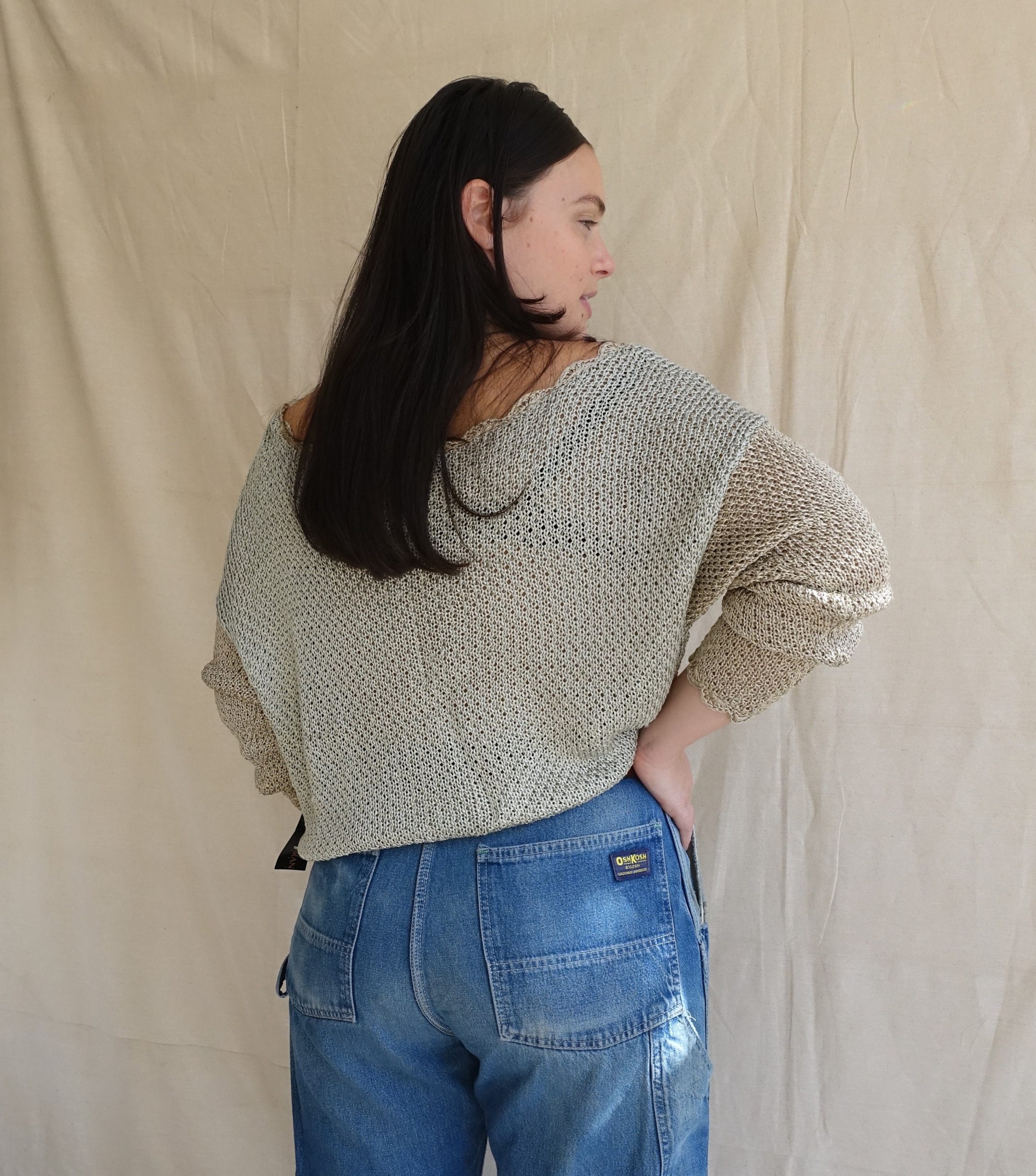 Vintage 80S Donna Karan Two Tone Open Weave Sweater Top/ 1980S Grey Blue Sheer Knit Scoop Neck Size L Xl