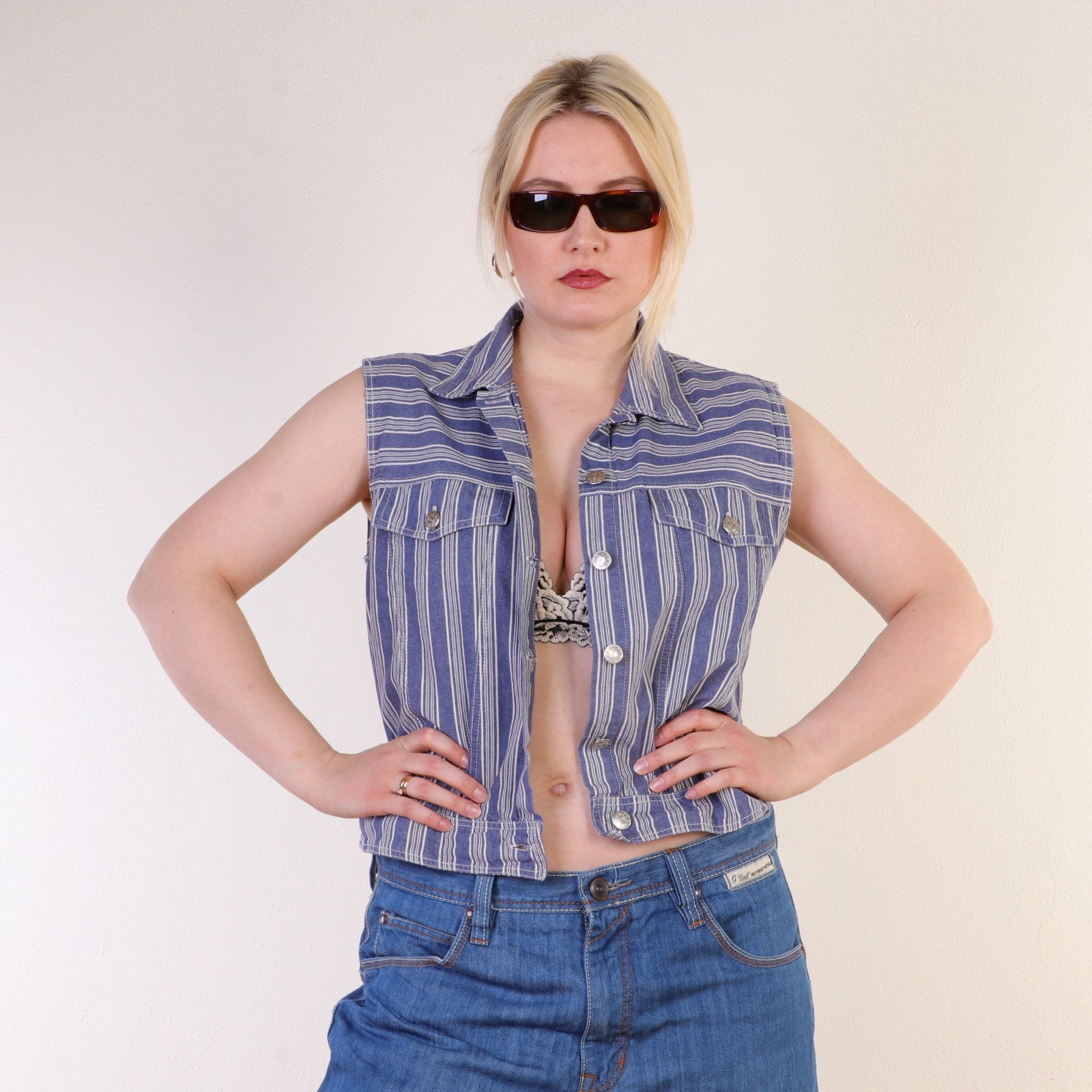 Vintage 80S Striped Denim Vest Top, Button Down Gilet in Blue L