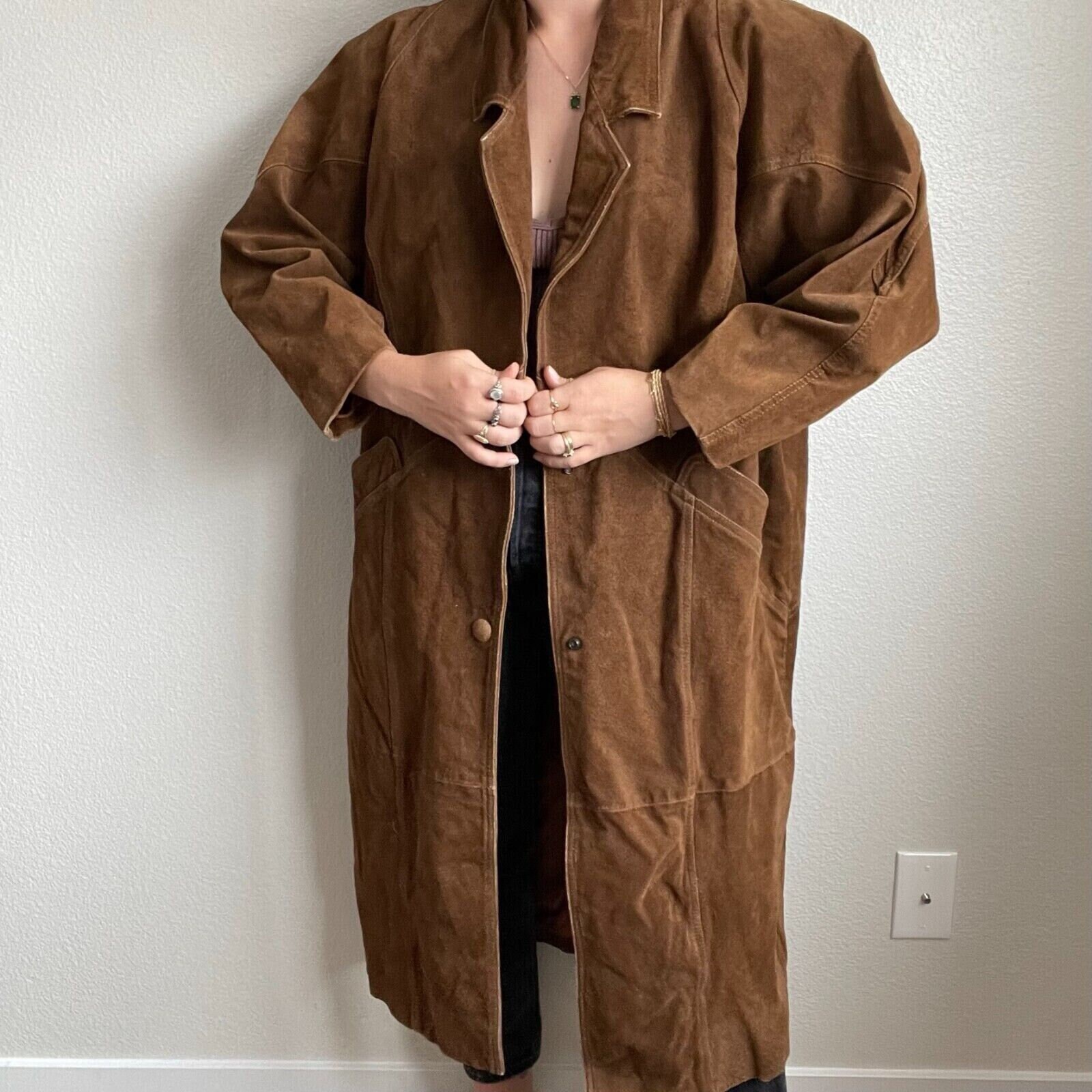 Vintage 80S Womens Brown Oversized Suede Leather Trench Coat Yellowstone Sz L