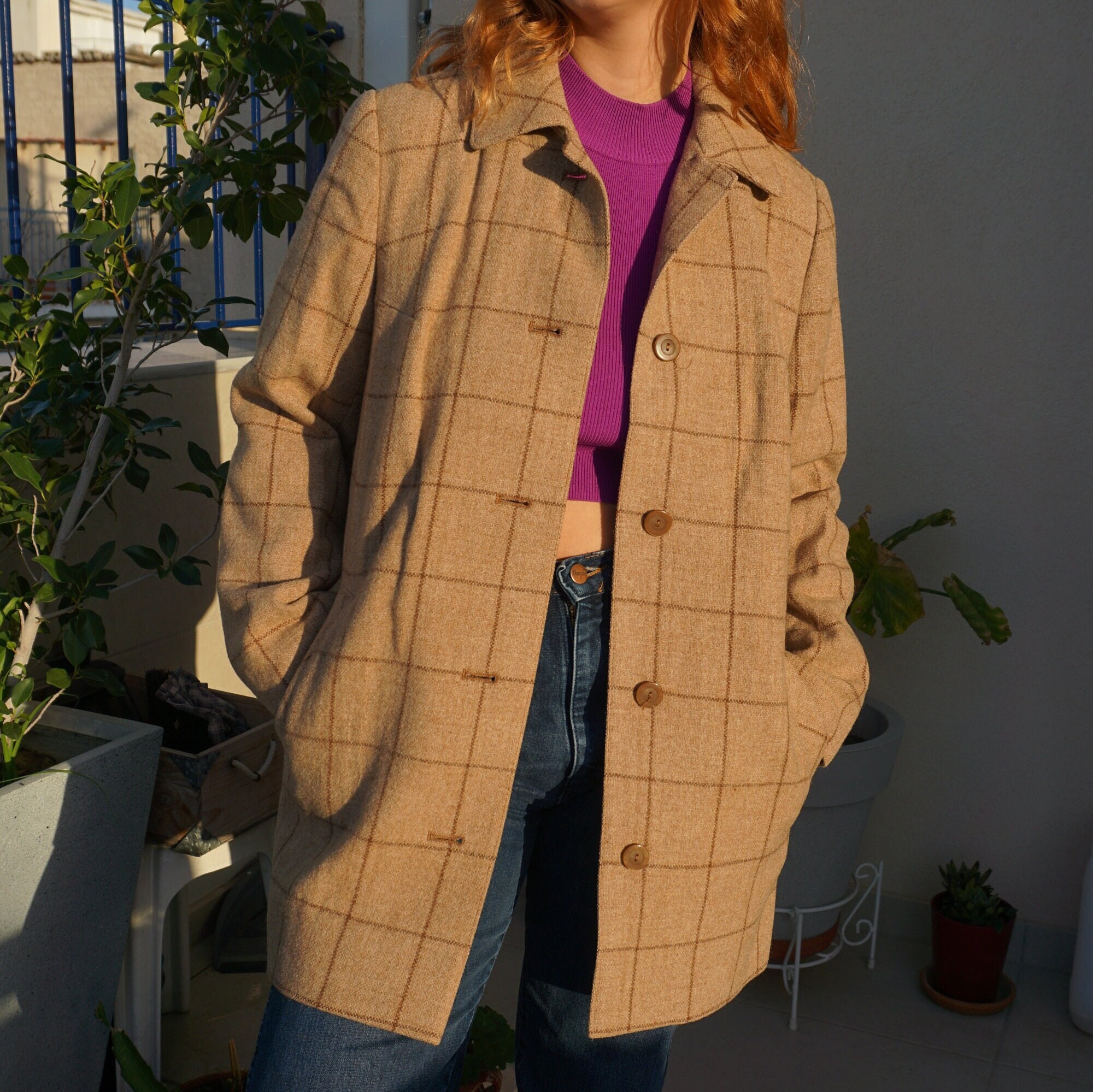 Vintage 80S Wool Coat - Beige Brown Mid Length Check Plaid Pattern Overcoat Retro Unique Tailored Collar Short Unisex Jacket