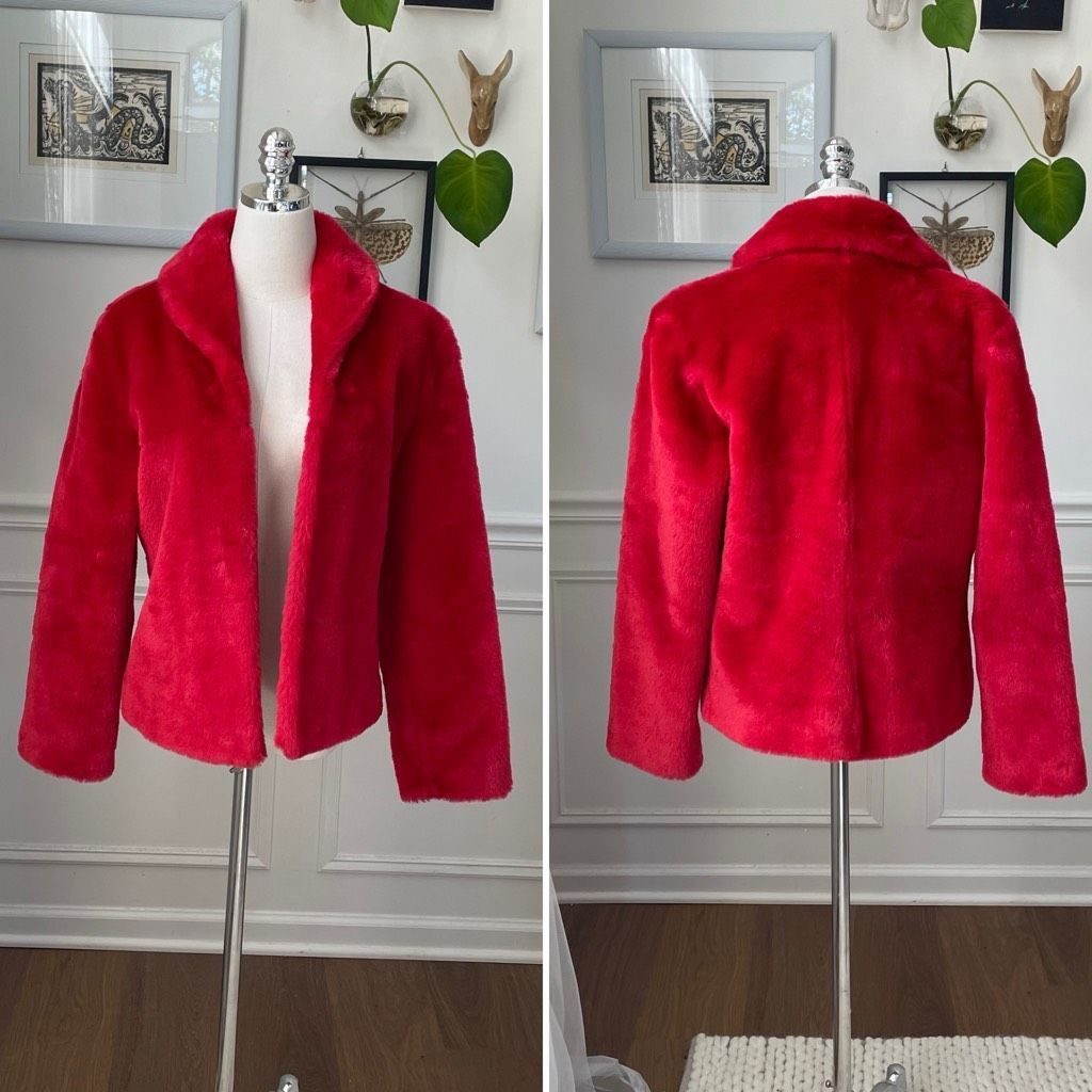 Vintage 80's Guess Faux Fur Red Open Front Teddy Coat M, Women's (Size Medium)