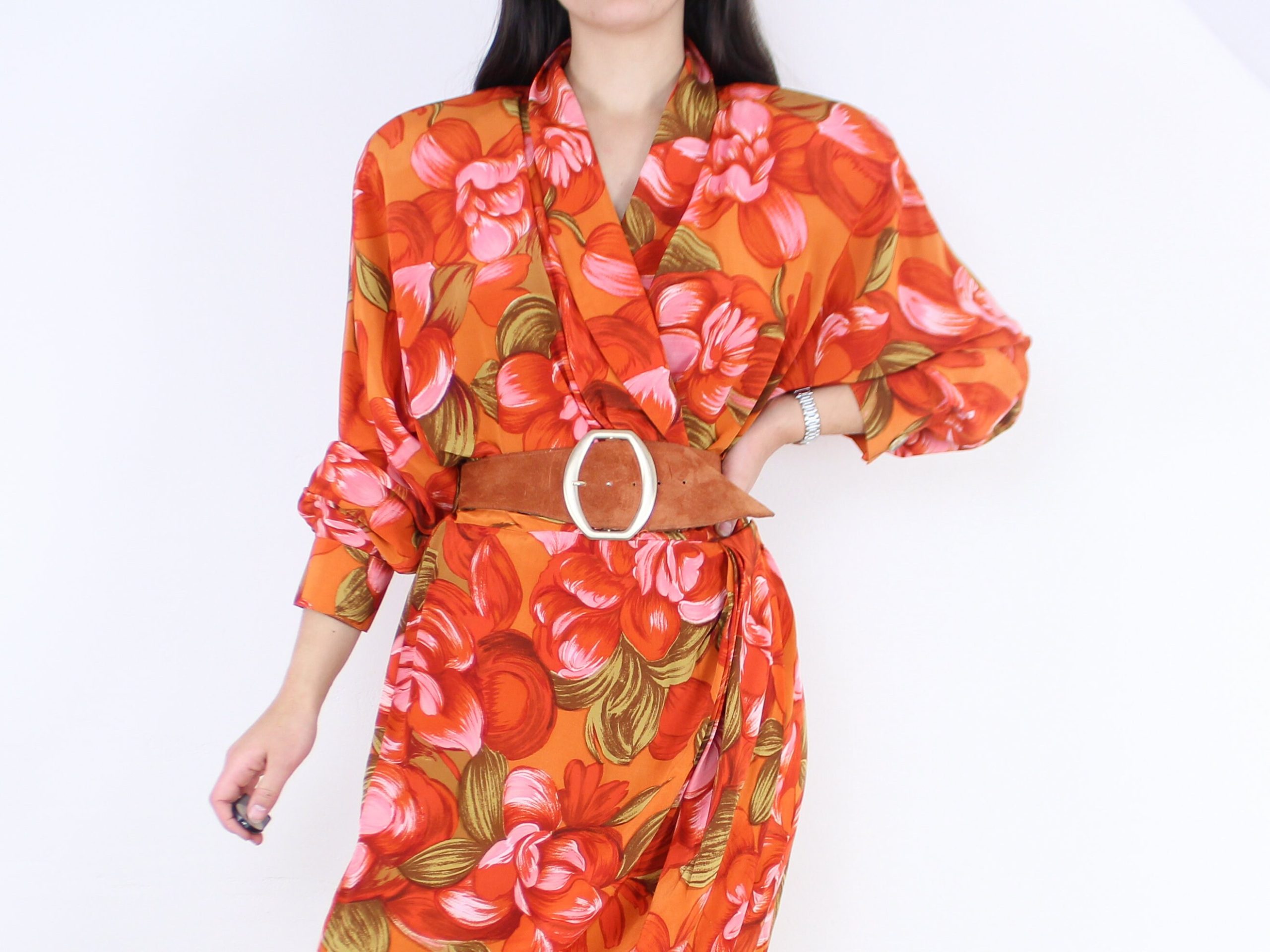 Vintage 80's Silk Floral Wrap Dress, Bright Orange Pink Green, Gillian, Shawl Collar, Faux Suede Belt, Dolman Sleeve, Tulip Skirt, Dopamine