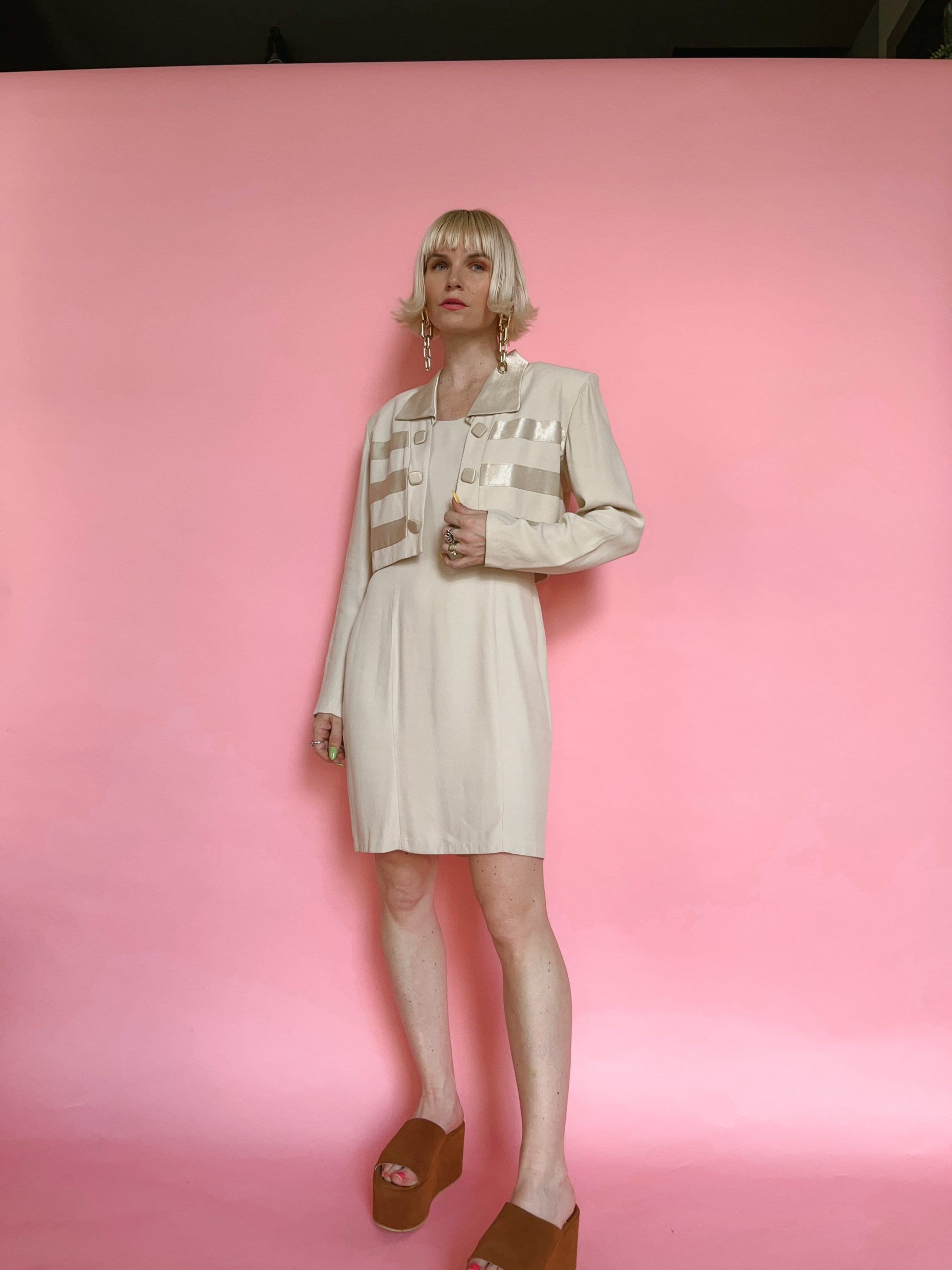 Vintage 90S Beige Dress/ Crop Blazer Set