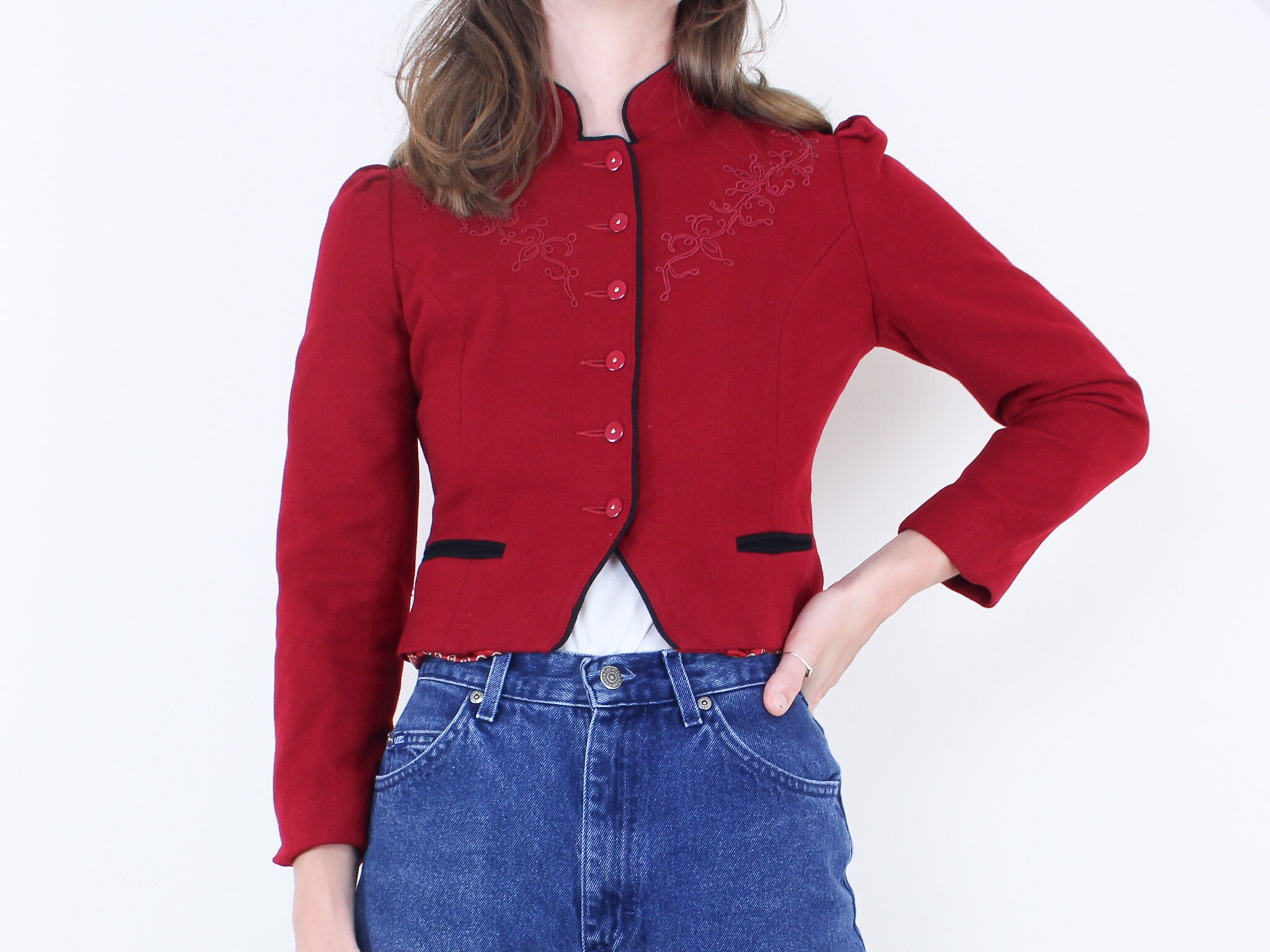 Vintage 90S Cropped Wool Jacket, Cassidy, Red, Embroidery, Button Front, Cavalry Style, Puff Sleeve, Flattering, Office, Dress Lined