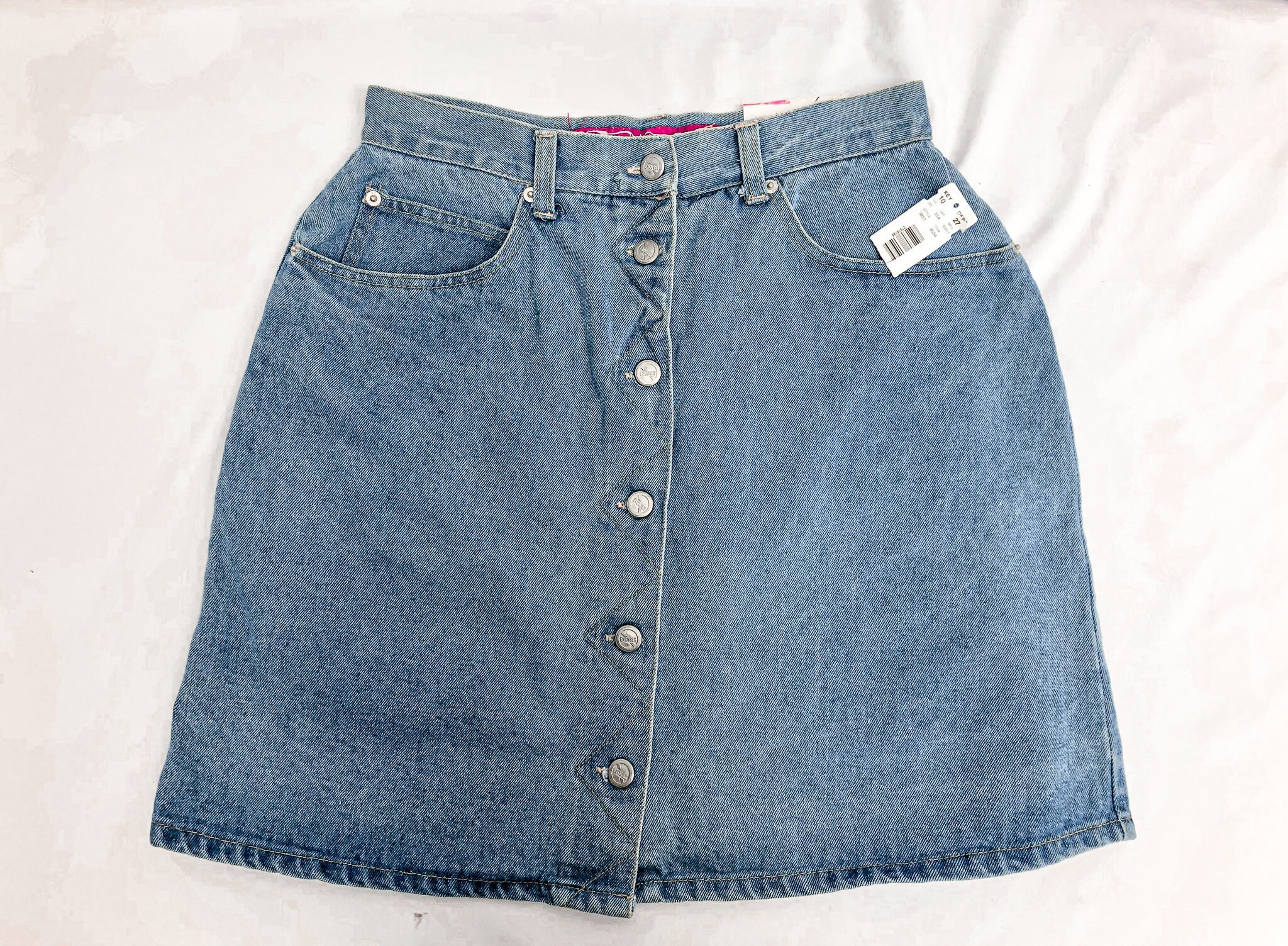 Vintage 90S Denim Mini Skirt, Nwt "No Excuses" Light Wash, High Waisted Button-Up Skirt