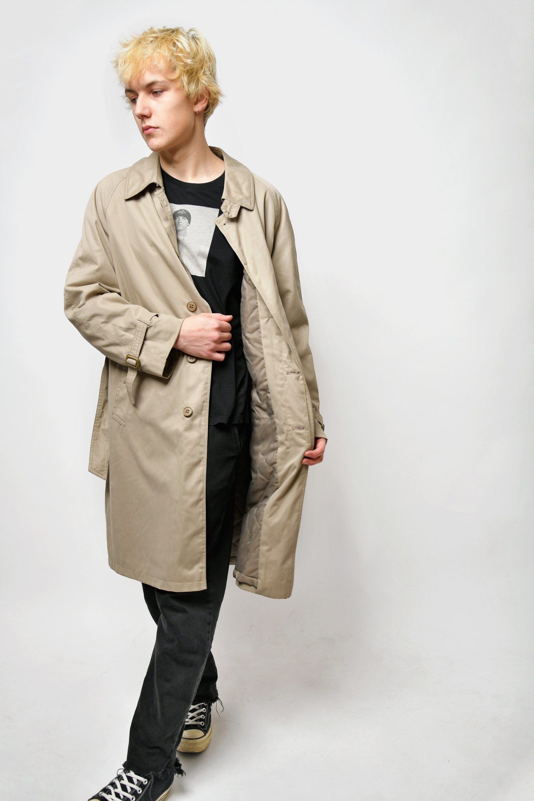 Vintage 90S Detective Trench Coat Beige Brown | Fall Autumn Spring Classic Belted Retro 80S Duster Mac Casual Long Rain M/L Size