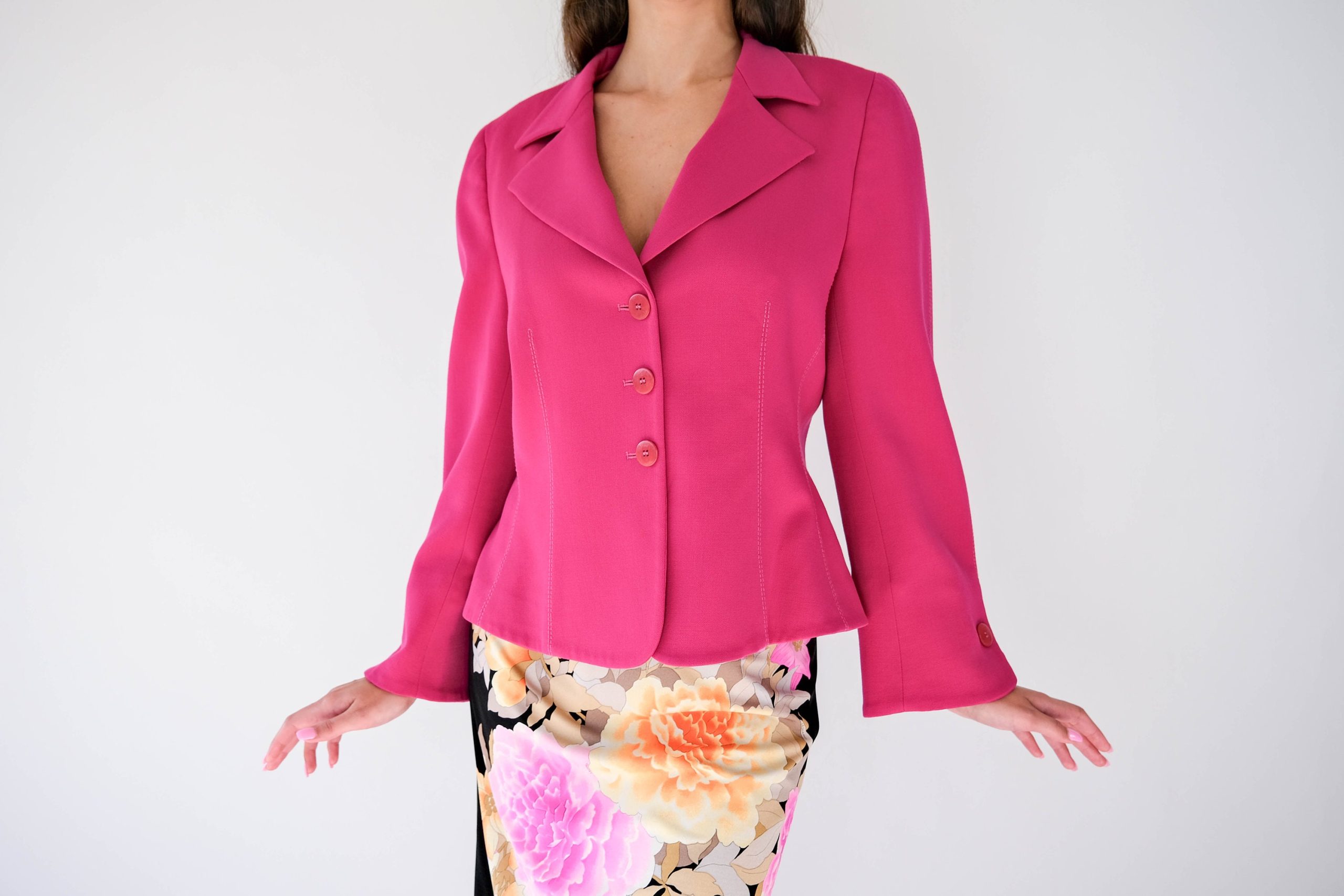 Vintage 90S Giorgio Armani Fuchsia Pink Wool Gabardine Blend Cropped Blazer | Made in Italy 1990S Designer Three Button Crop Jacket