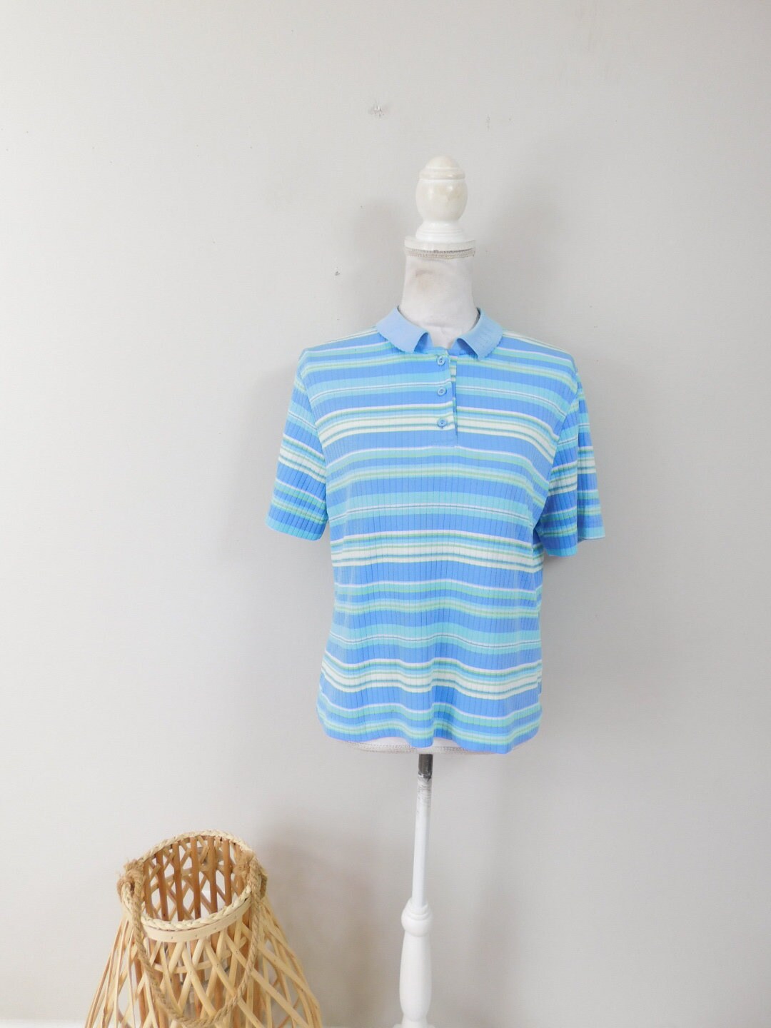 Vintage 90S Jantzen Blue White Horizontal Striped Print Ribbed Henley Button Collared Short Sleeve Shirt Polo Top Blouse Sz Large