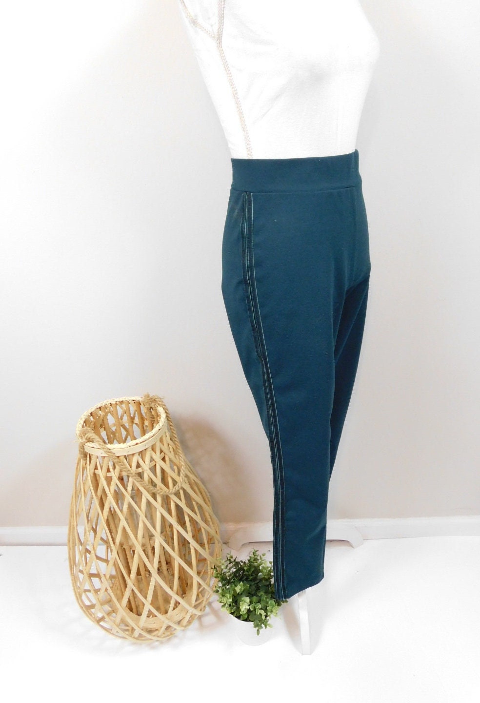 Vintage 90S Mark New York Dark Green Velvet Side Striped Stretchy High Waist Pants Leggings Bottoms Tights Joggers Sz Medium