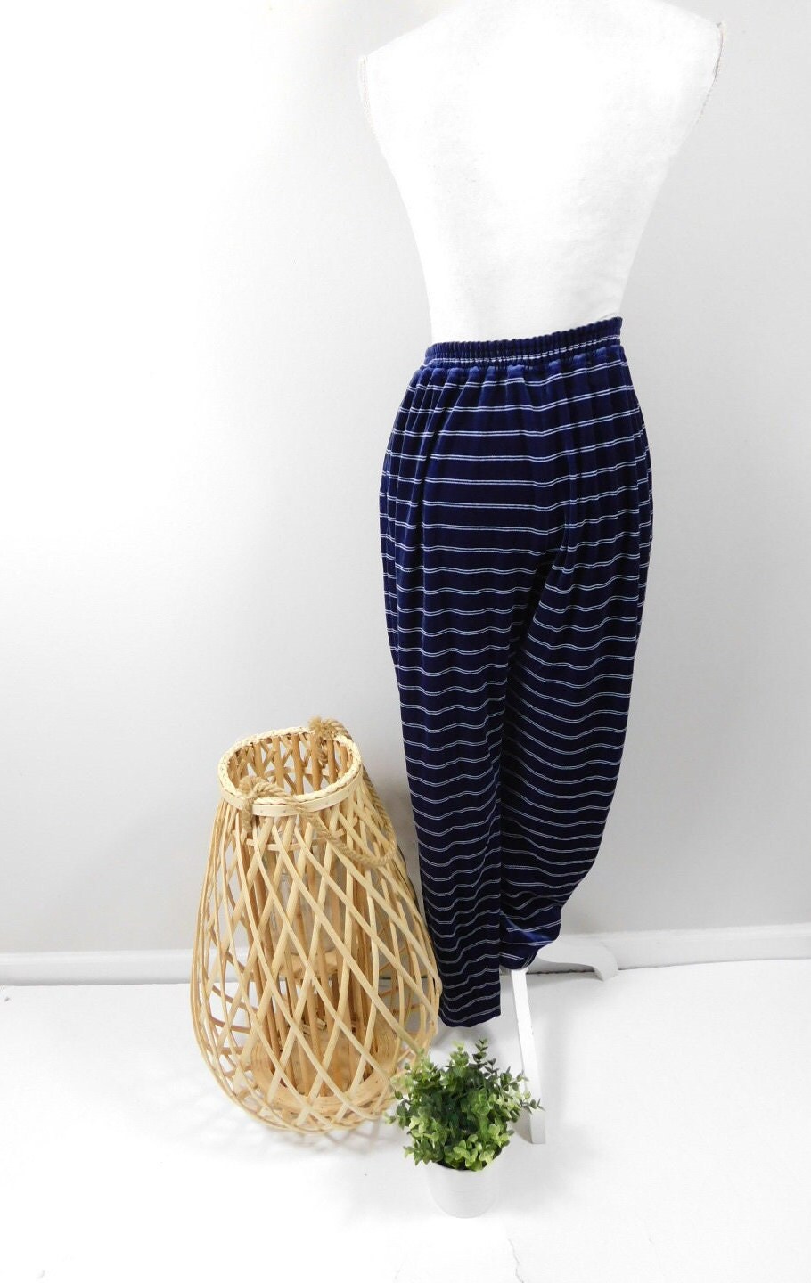 Vintage 90S Navy Blue White Striped Print Velvet Skinny Leg High Elastic Waist Pants Joggers Trousers Bottoms Sz 16/xl Plus Size