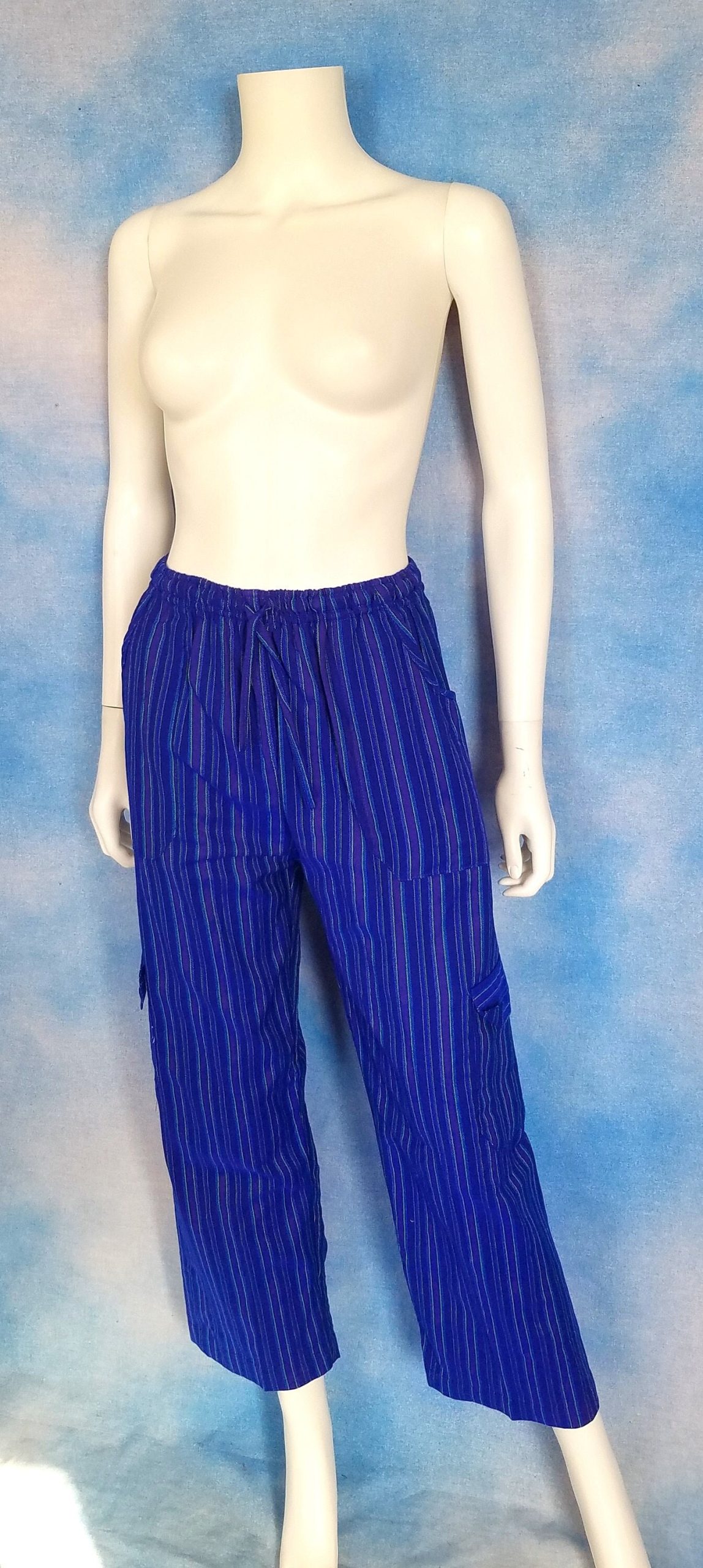 Vintage 90S Striped Woven Cotton Cargo Pants Guatemala/ Loose Straight Leg, High Waisted, Indigo Sapphire Purple Neon Yellow/ Size Xs-M