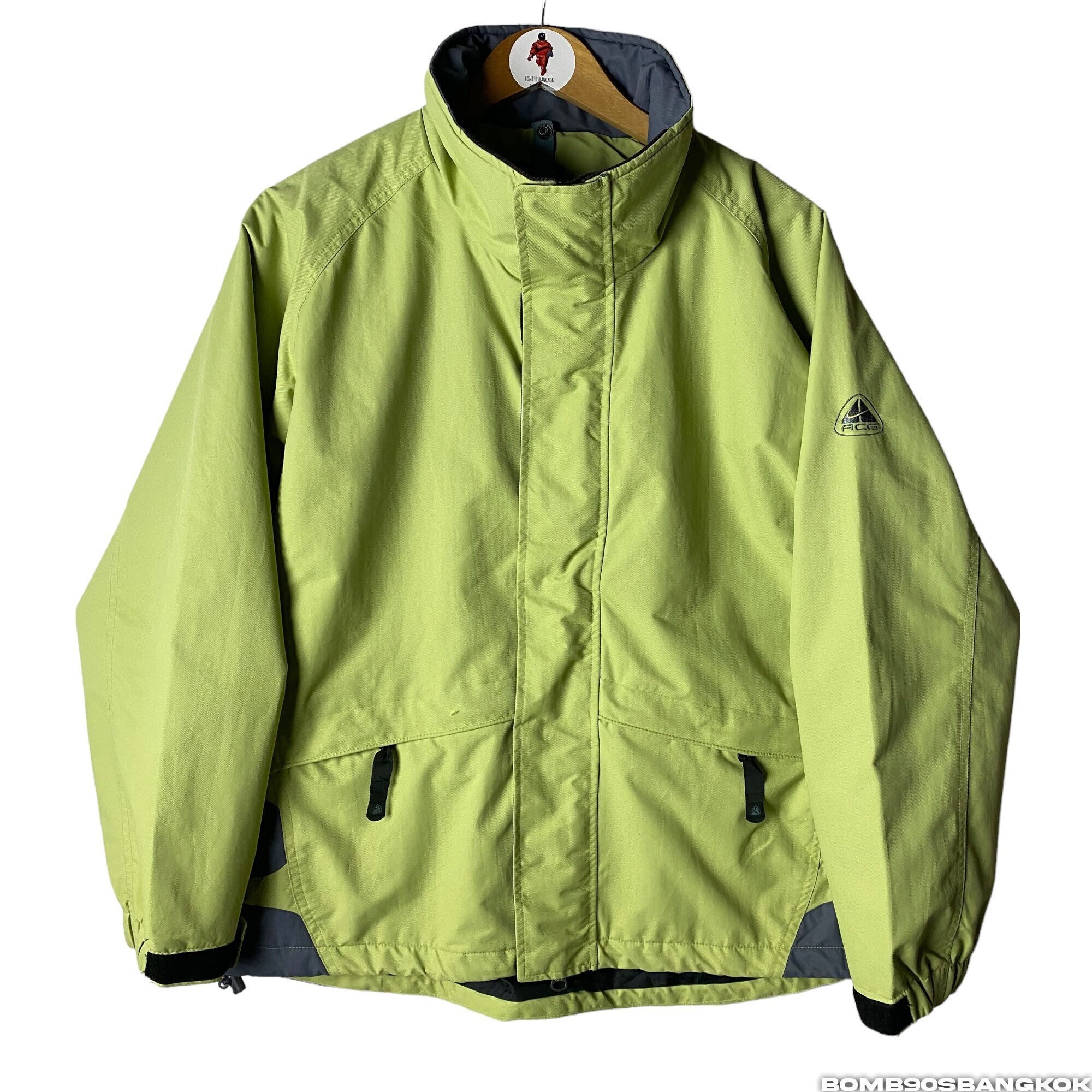 Vintage 90S Women's Nike All Condition Gear Pale Green Pastel Embroidered Mini Logo Arm Full-Zip Windbreaker Color Block Jacket Size L