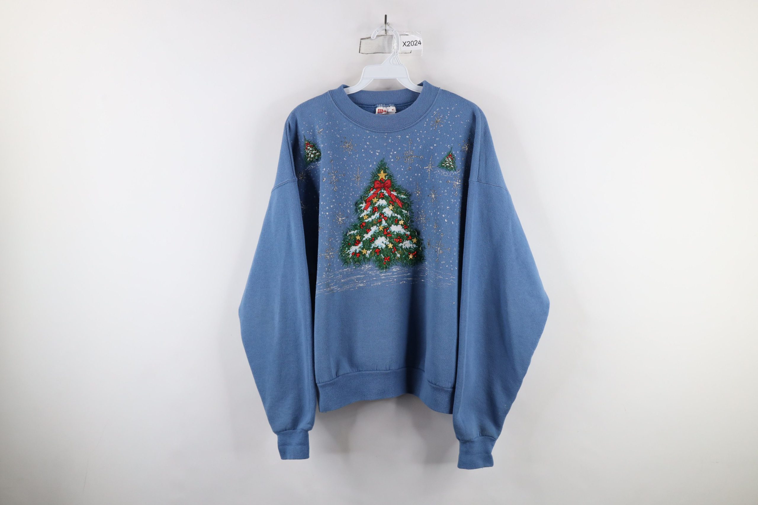 Vintage 90's Christmas Tree Glitter Puff Paint Sweatshirt in Blue, Women's (Size XL)