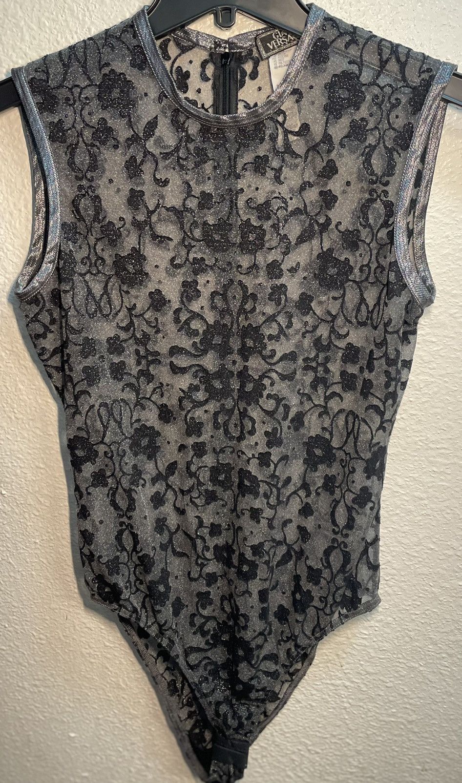 Vintage 90's Gianni Versace Sheer Silver & Black Bodysuit, Women's (Size Medium)