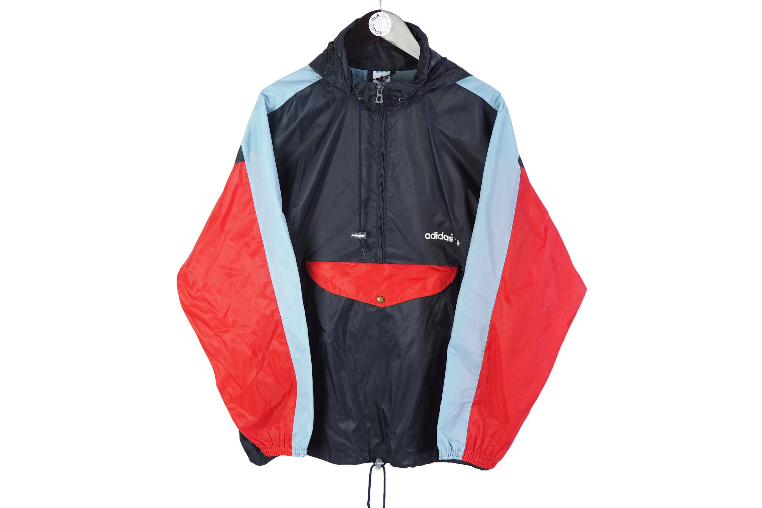 Vintage Adidas Anorak Jacket Size L Authentic Hooded Navy Red Classic Rare Retro Hipster 90's Germany Sport Style Athletic Windbreaker