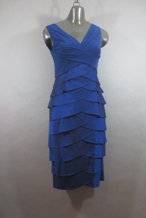 Vintage Adrianna Papell Cocktail Dress, Shimmery Blue Wiggle Dress, Pencil Skirt, Wavy Tiered V Neck, Back Zipper, Ruffled Party Dress