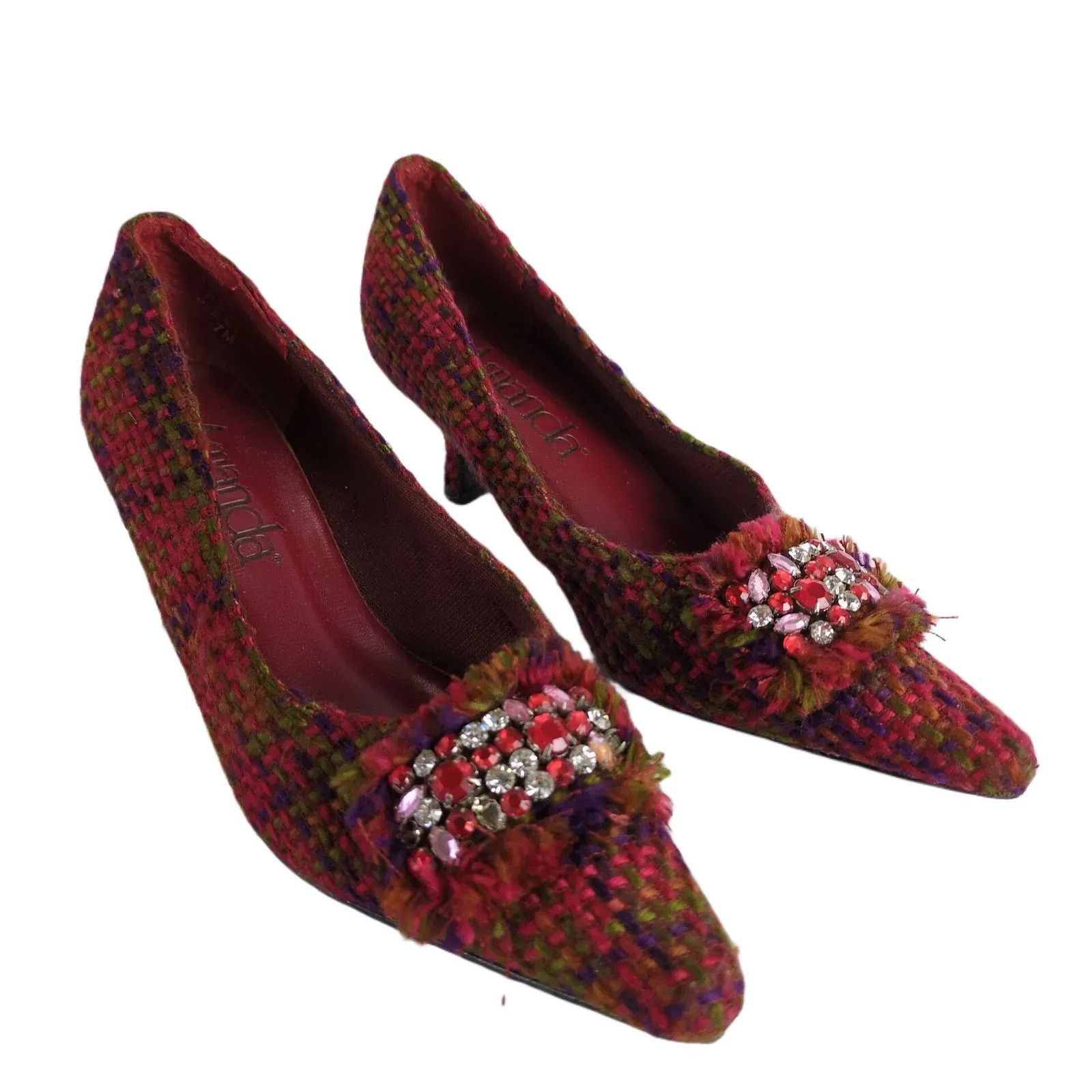 Vintage Amanda Smith Suit Me Women's 7 Tweed Kitten Heel Shoes Gem Pumps in Red