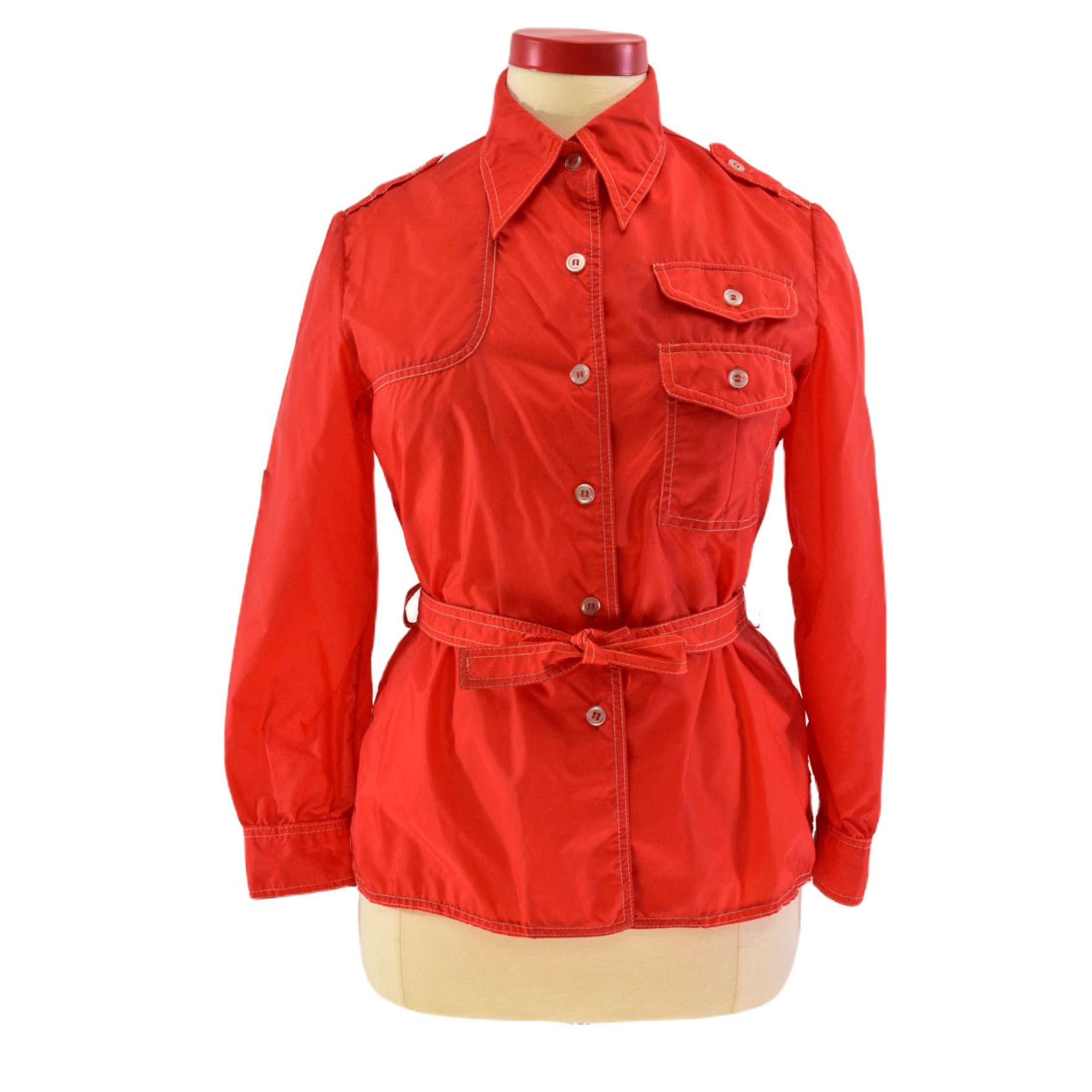 Vintage Authentic Retro Style Water Resistant Belted White Stag Red Raincoat For Women Size Large 1970S Inspired