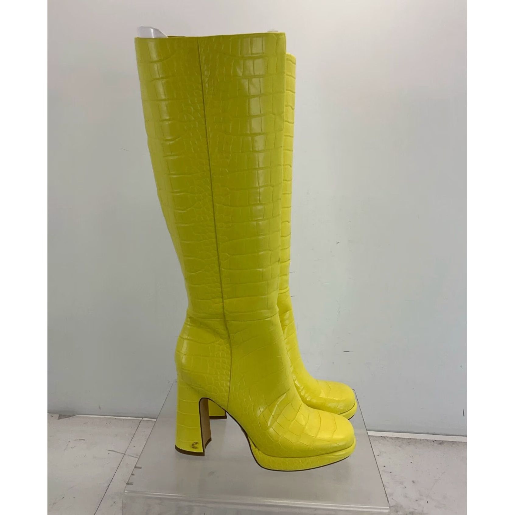 Vintage Authentic Yellow Reptile Embossed Leather Platform Boots With Side Zip By Sam Edelman Circus Brand in White, Women's (Size 8)
