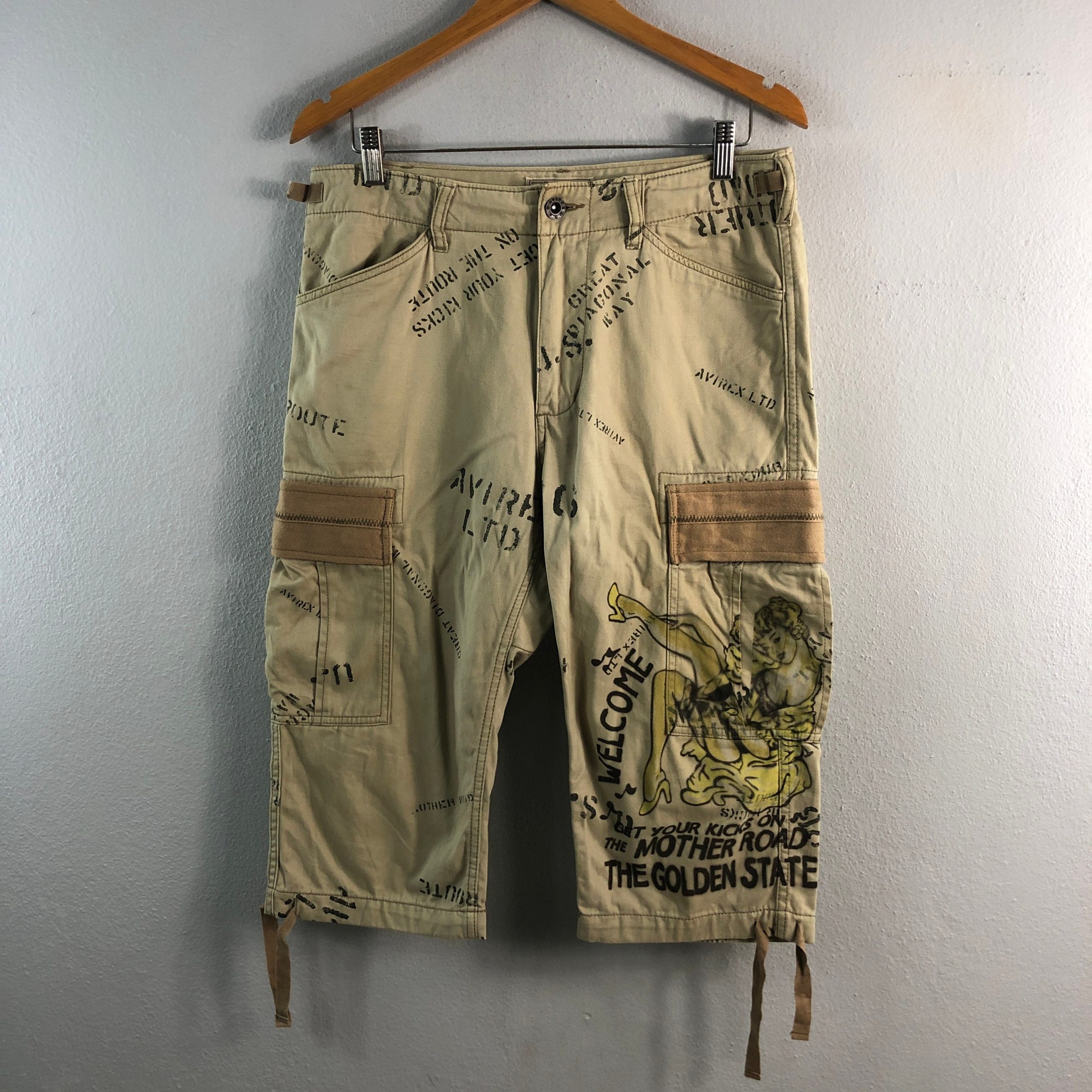 Vintage Avirex Ltd Cargo Multipocket All Over Design Script Military Army Style 3Quater Cropped Utility Air Force Trouser Pants Beige W32x16