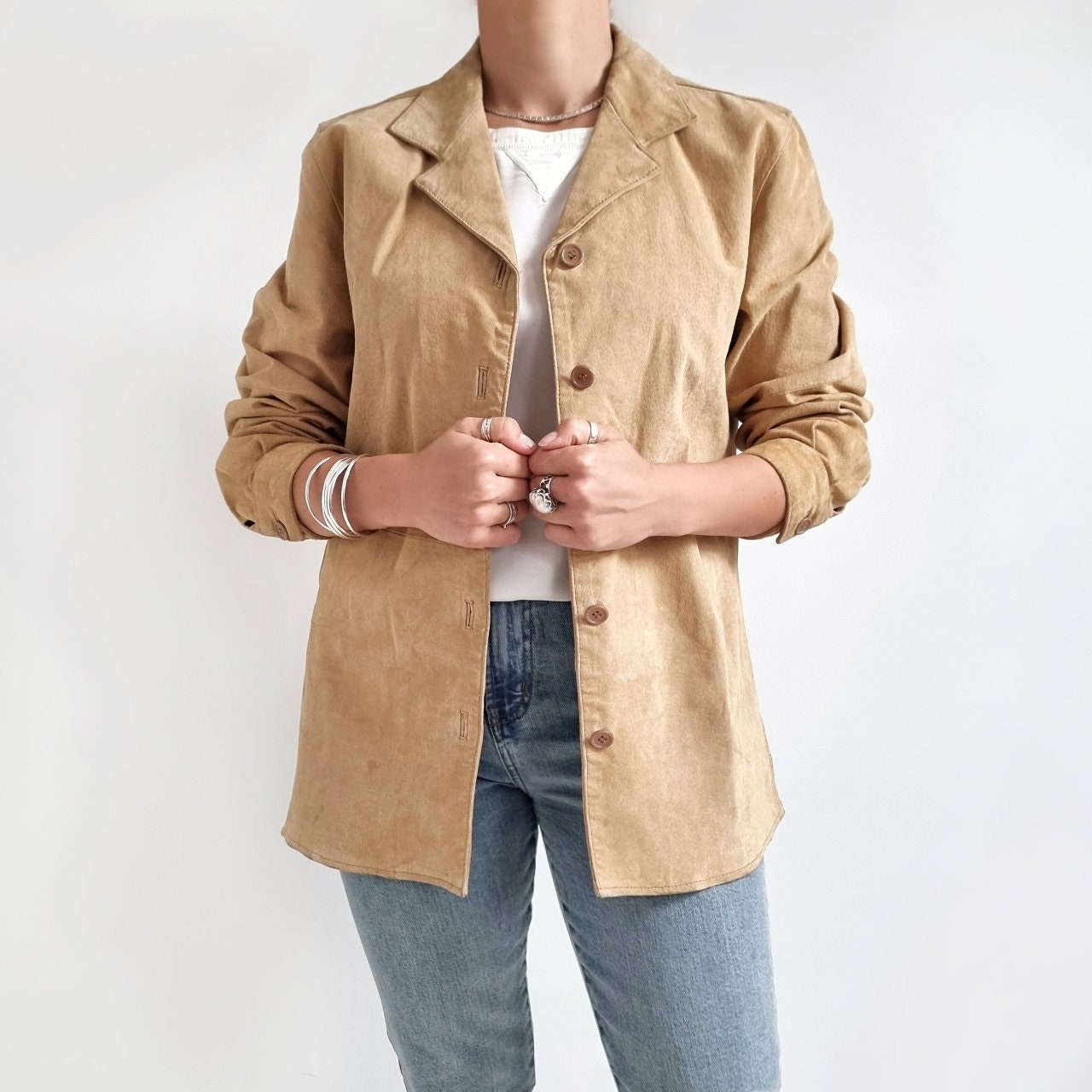 Vintage Beige Suede Ladies Shirt Jacket | Tan Brown Country Western Shacket Medium