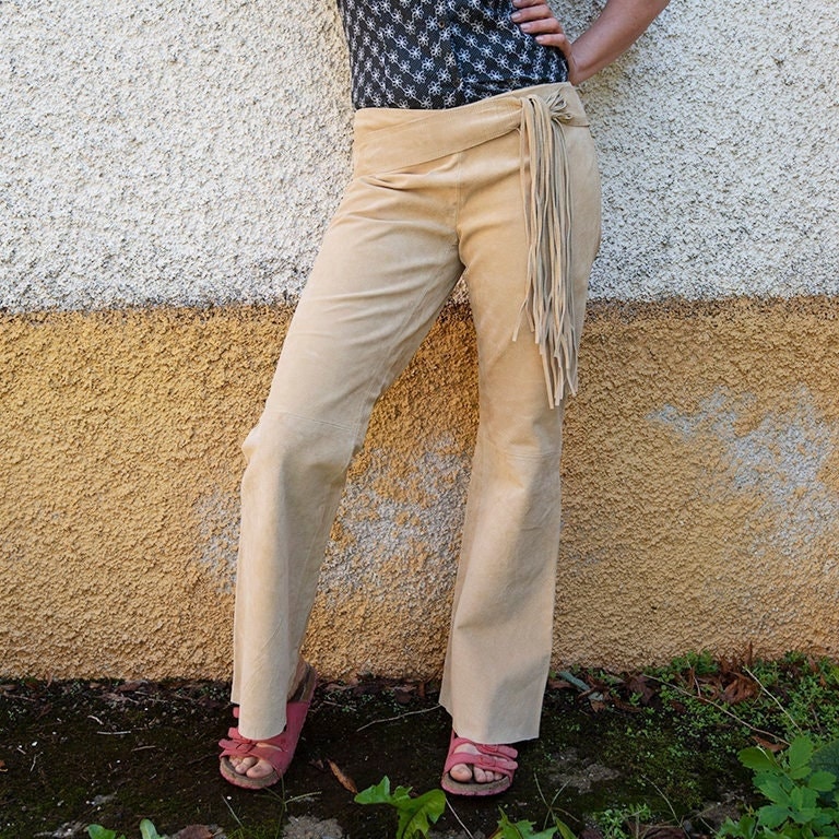 Vintage Beige Suede Leather Flared Pants With Matching Fringe Tie Belt