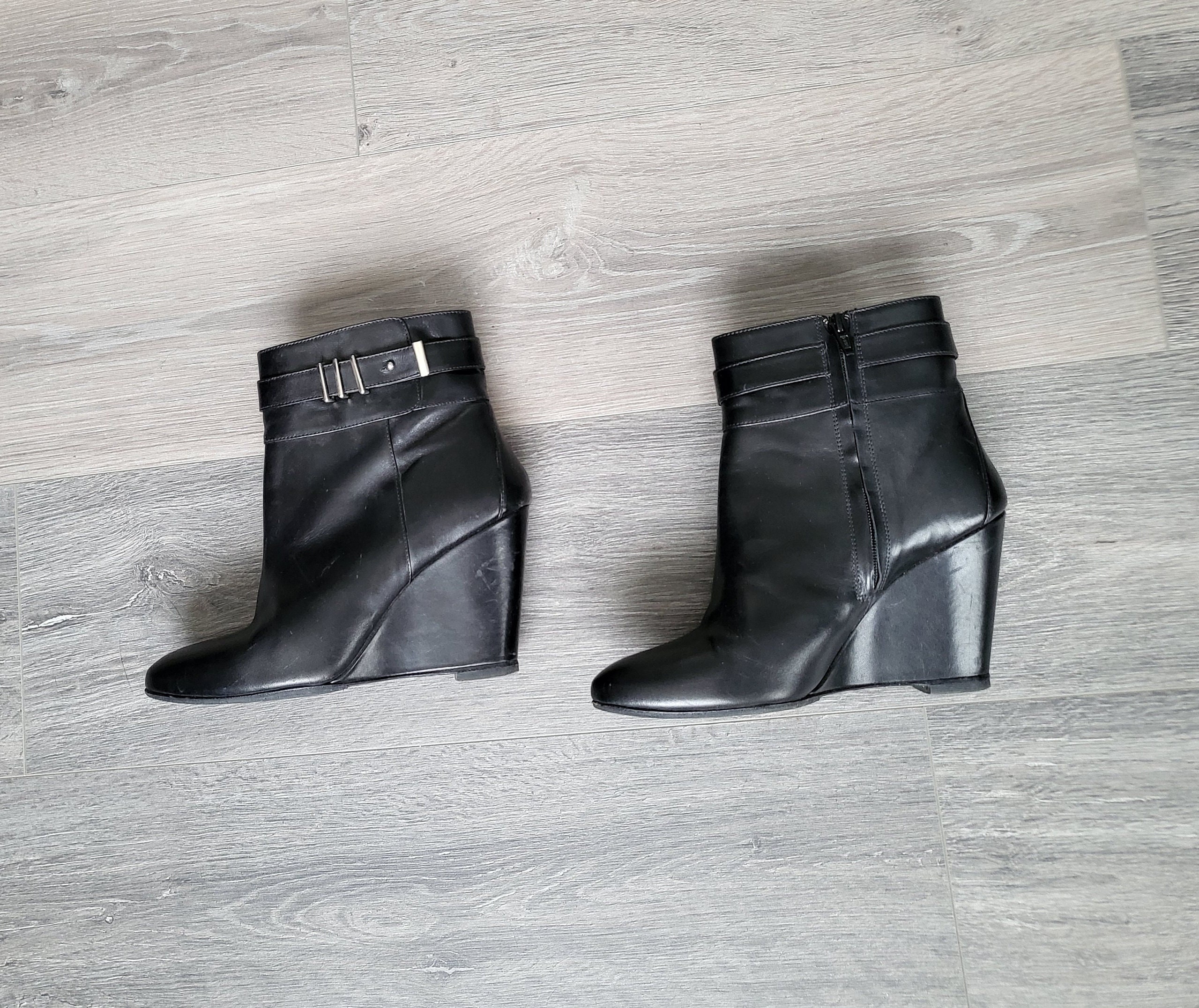 Vintage Black Leather Wedge Ankle Boots/Women Heel Platform Size Eu 41 Made in Portugal