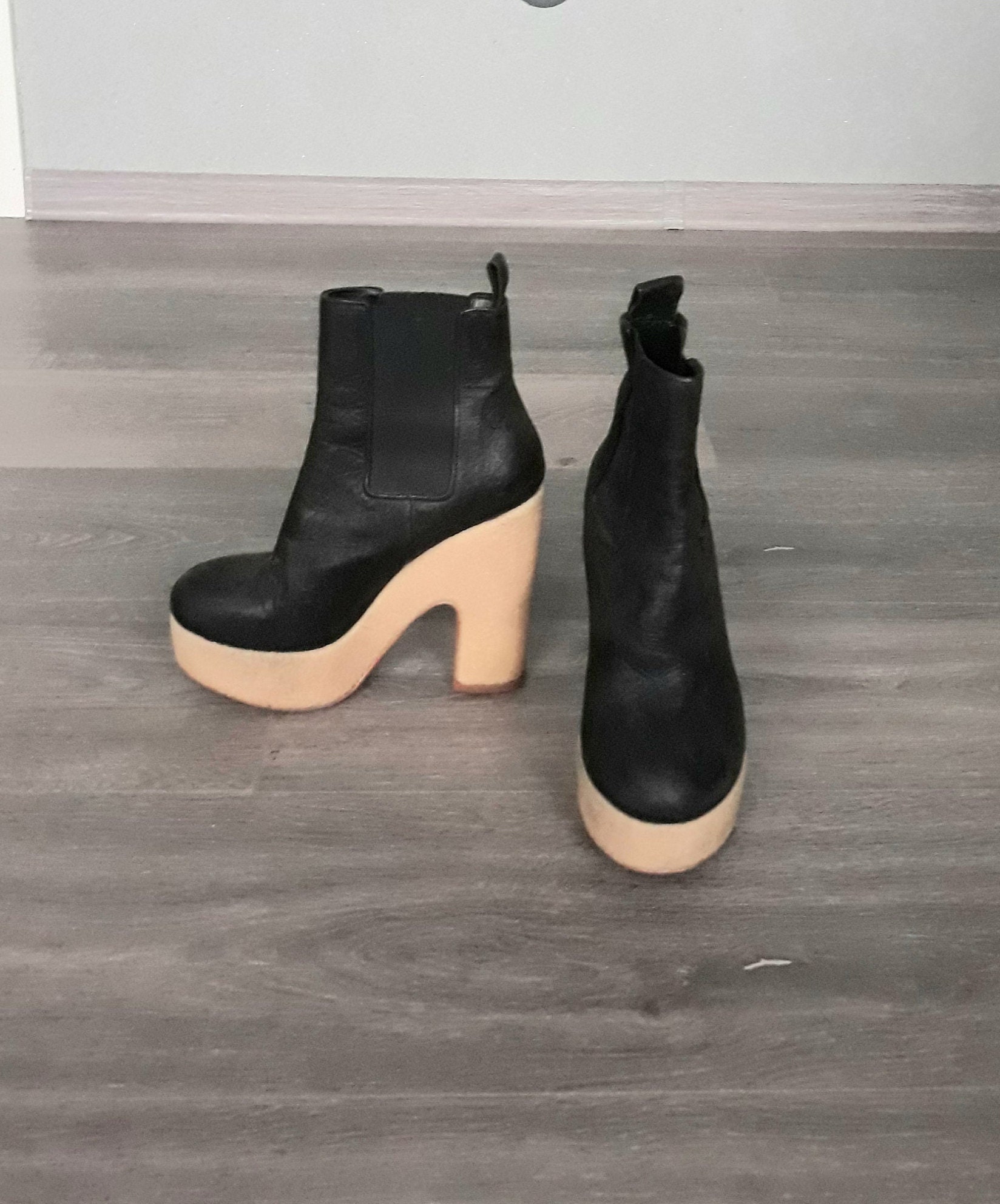 Vintage Black Leather Women Platform Ankle Boots Size Eu 36 Heeled Chelsea Pull On Booties Allsaints Portugal