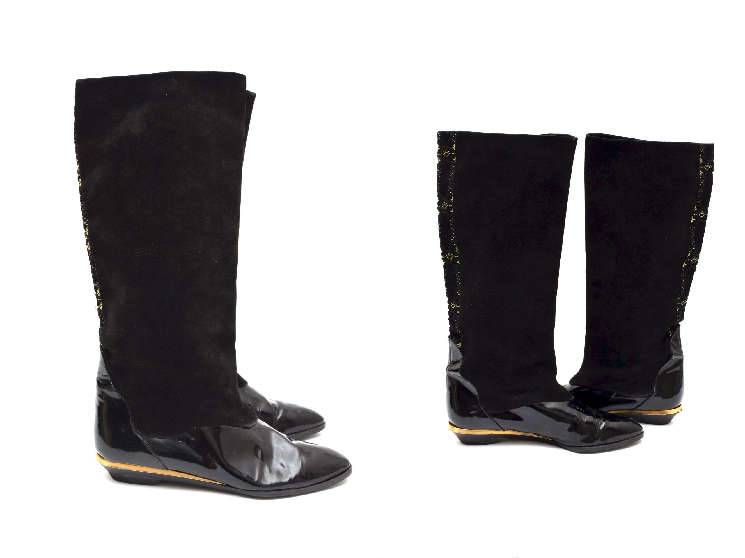 Vintage Black Suede Leather Boots With Gold Metal Heels & Braided Design/Patent Real Tall Shoes