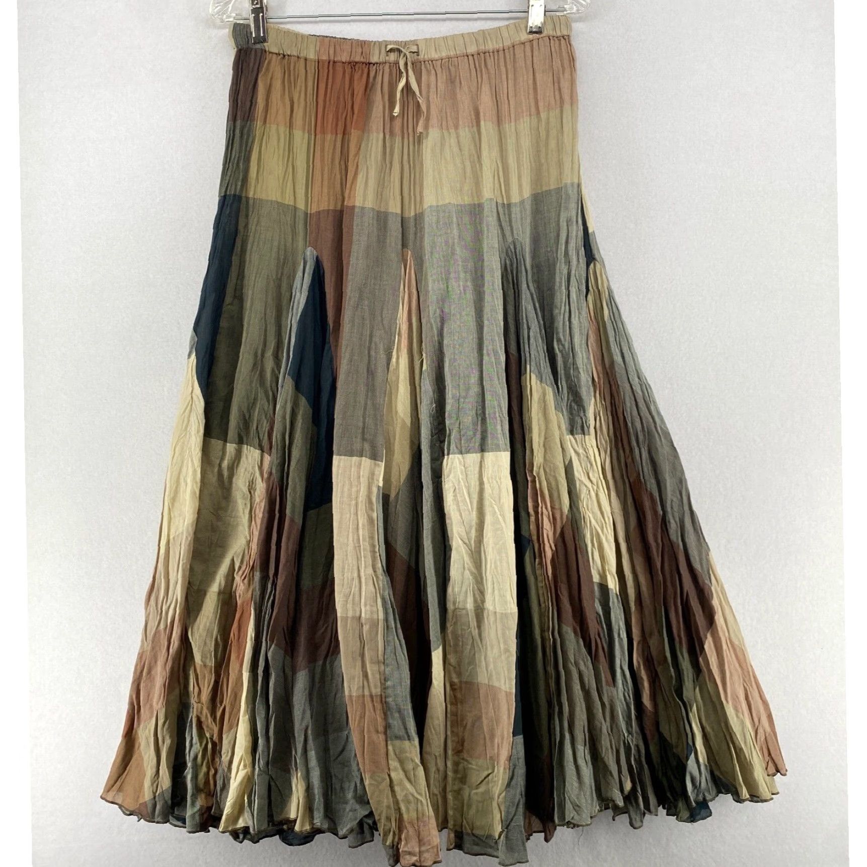 Vintage Boho Chic Crinkled Cotton Maxi Skirt With Godet Detail In Brown And Gray Drawstring Waist Denim 24/7 16W in White, Women's (Size 38)