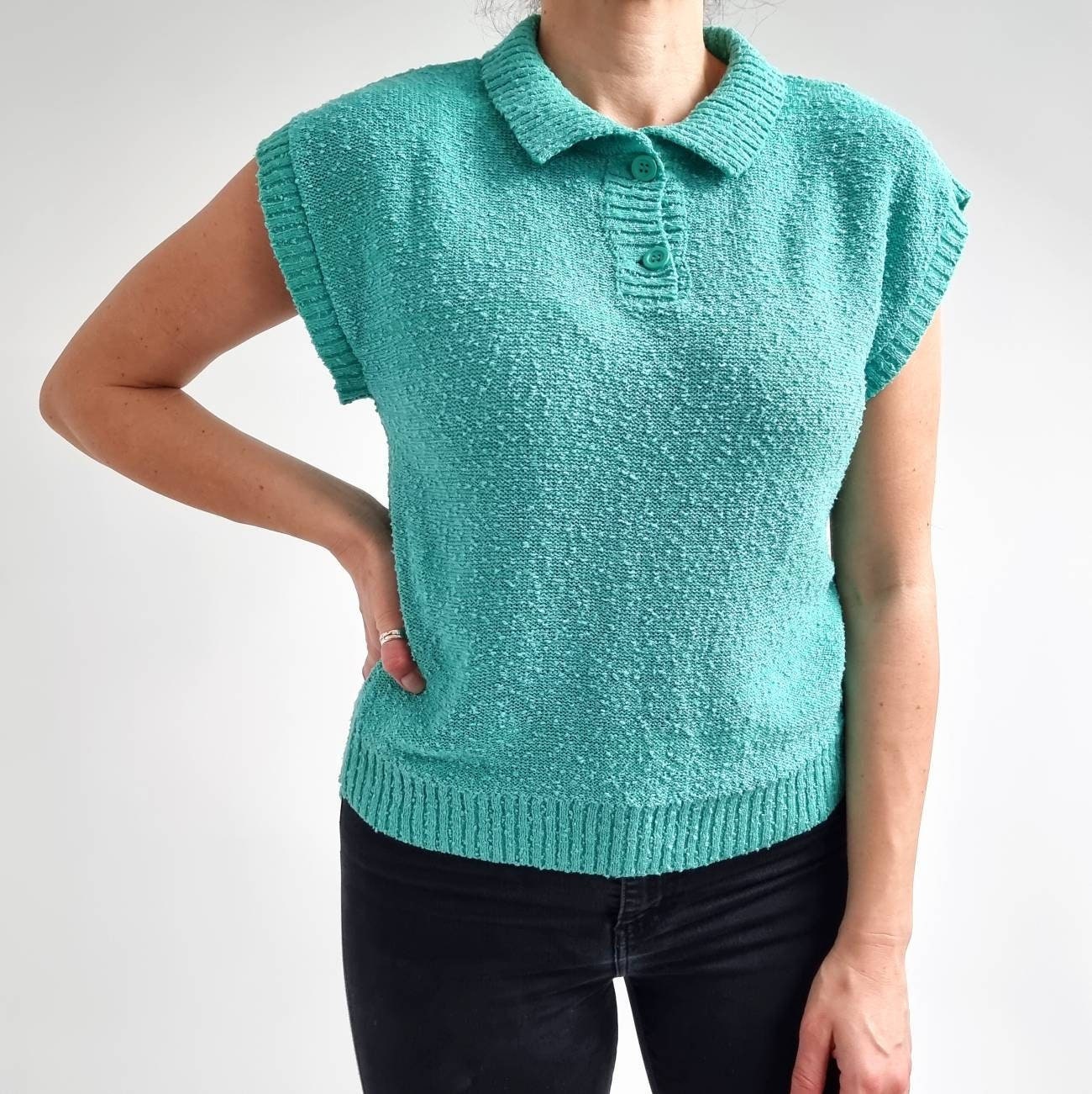 Vintage Bright Green Knit Polo Top, Boucle Blouse, Ladies Sleeveless Top