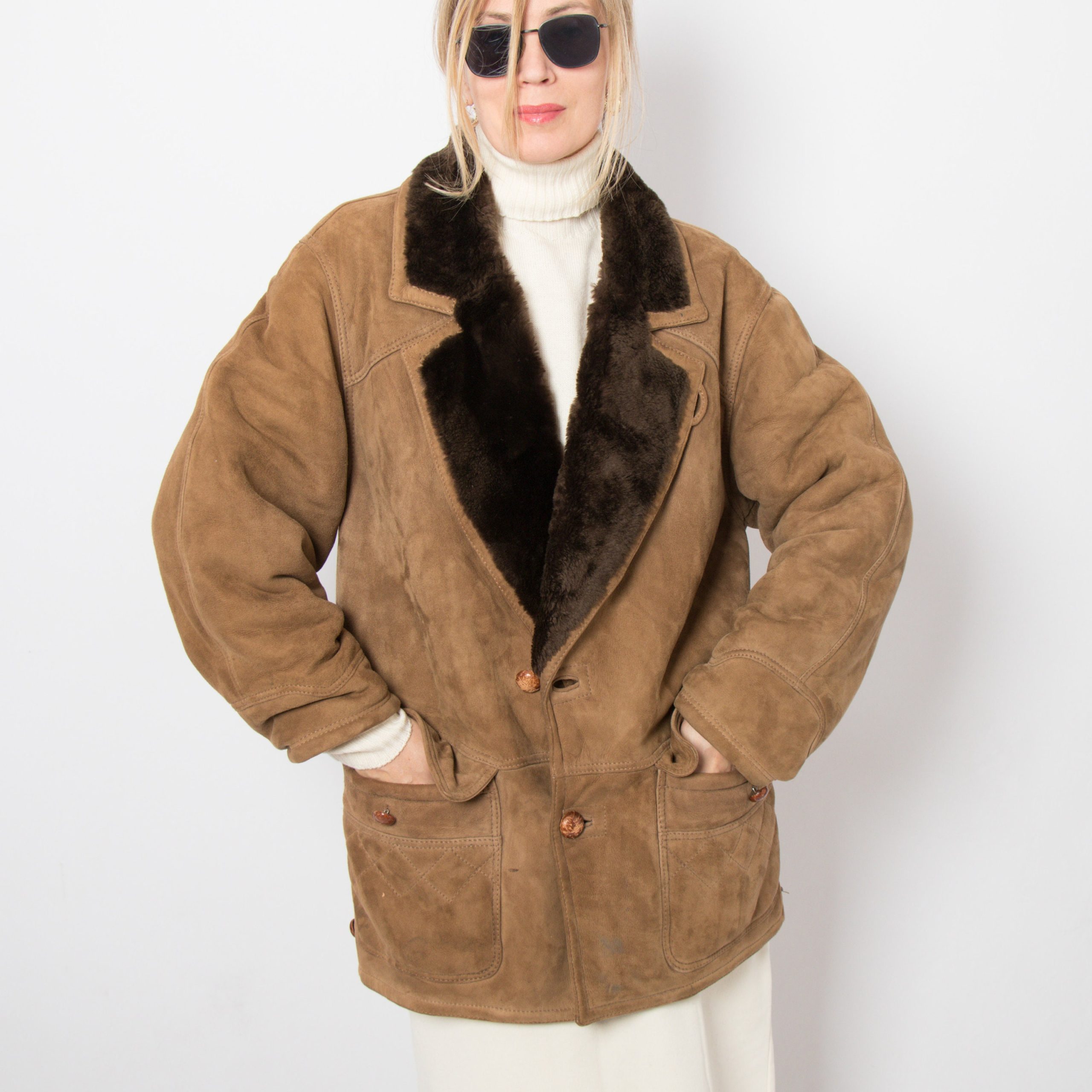 Vintage Brown Shearling Coat Women Suede Jacket Sheepskin Oversized Large Size Original Gift