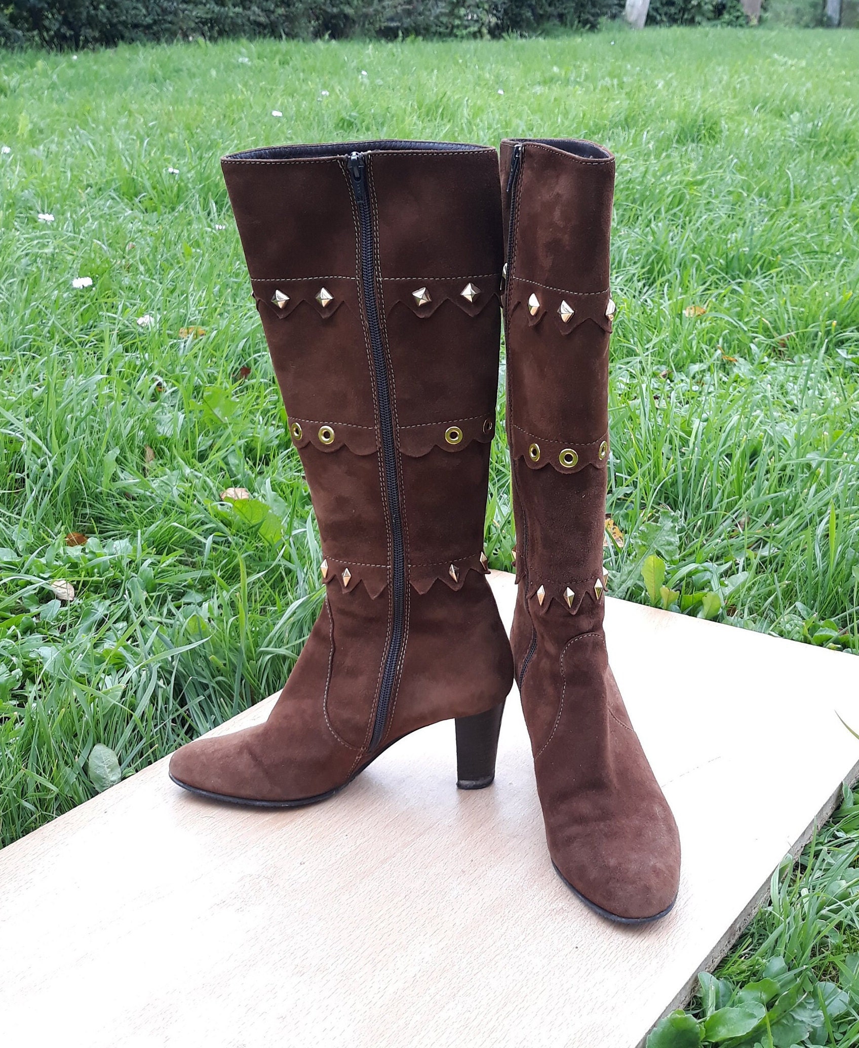 Vintage Brown Suede Leather Studded Knee Boots Women Size Eu 38 Block Heel Made in Italy