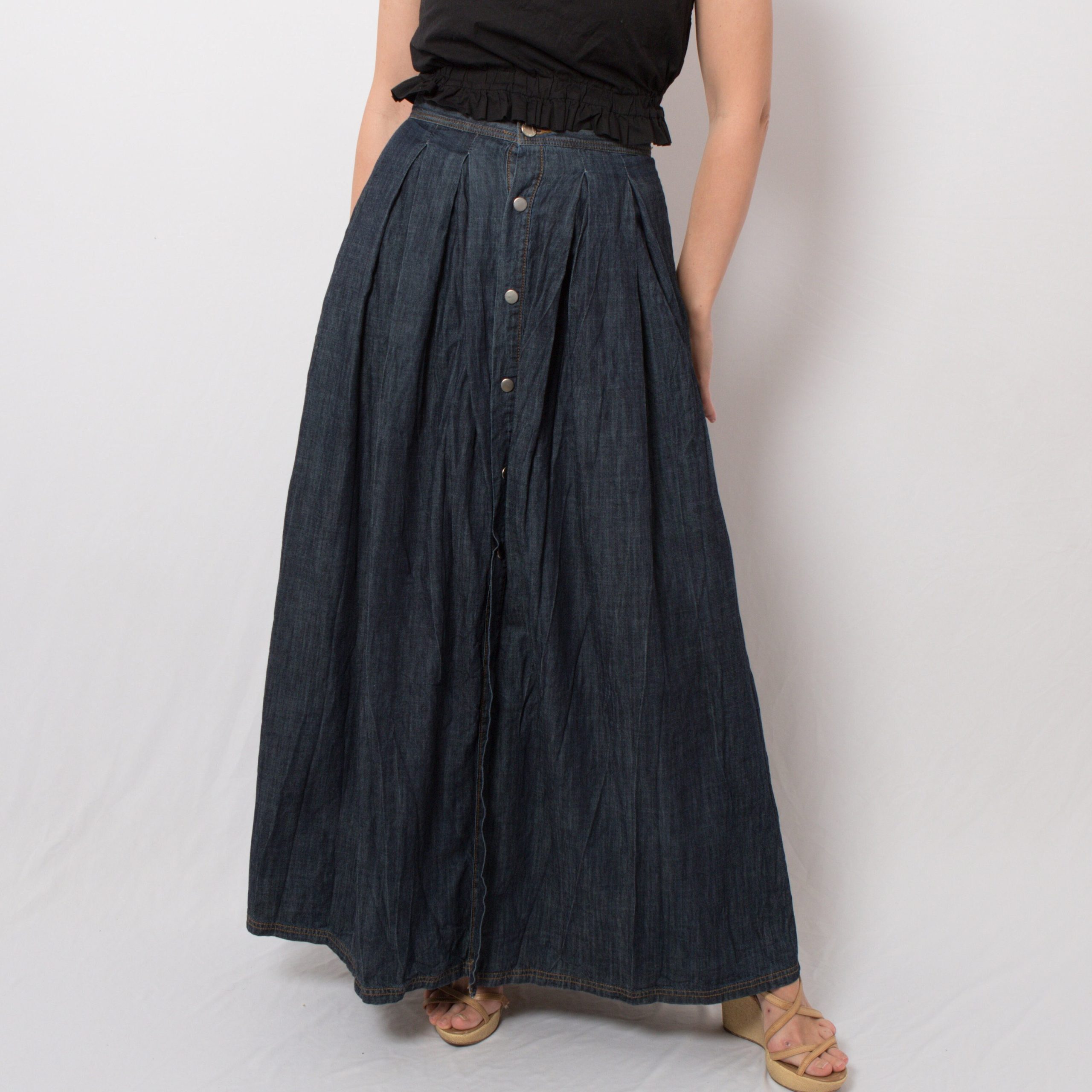 Vintage Button Down Denim Skirt Pleated Maxi Medium Size W 27