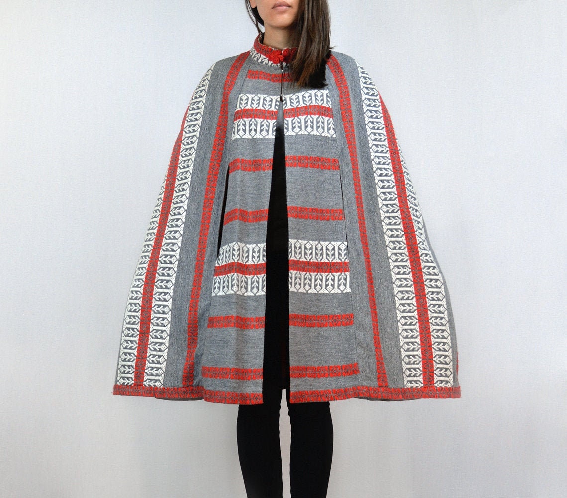 Vintage Cape Coat, 1970S Grey Red White Poncho - Medium M