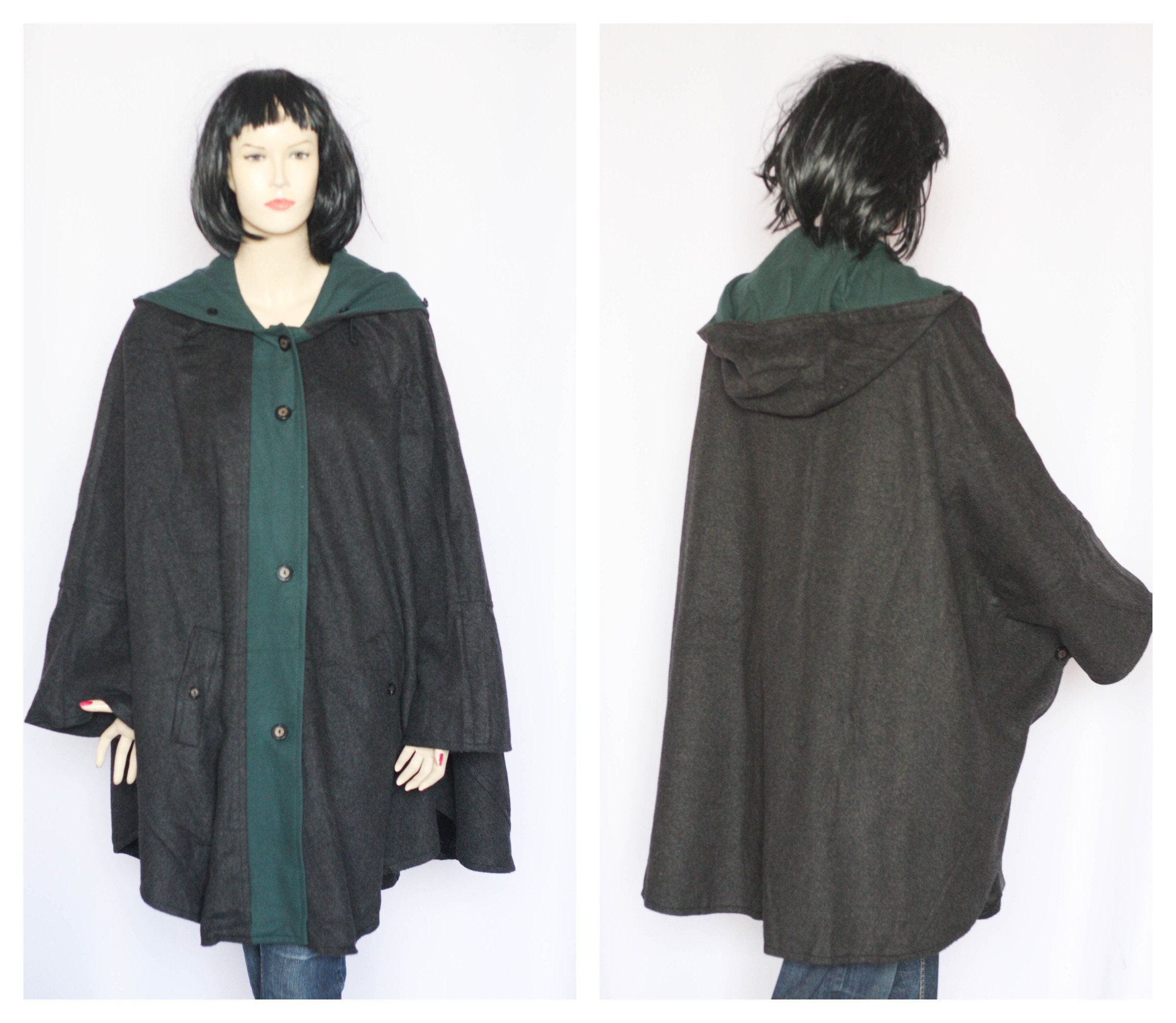 Vintage Cape Virgin Wool Cape Coat Overcoat Warm Winter Women Khaki Poncho Green Oversized One Size