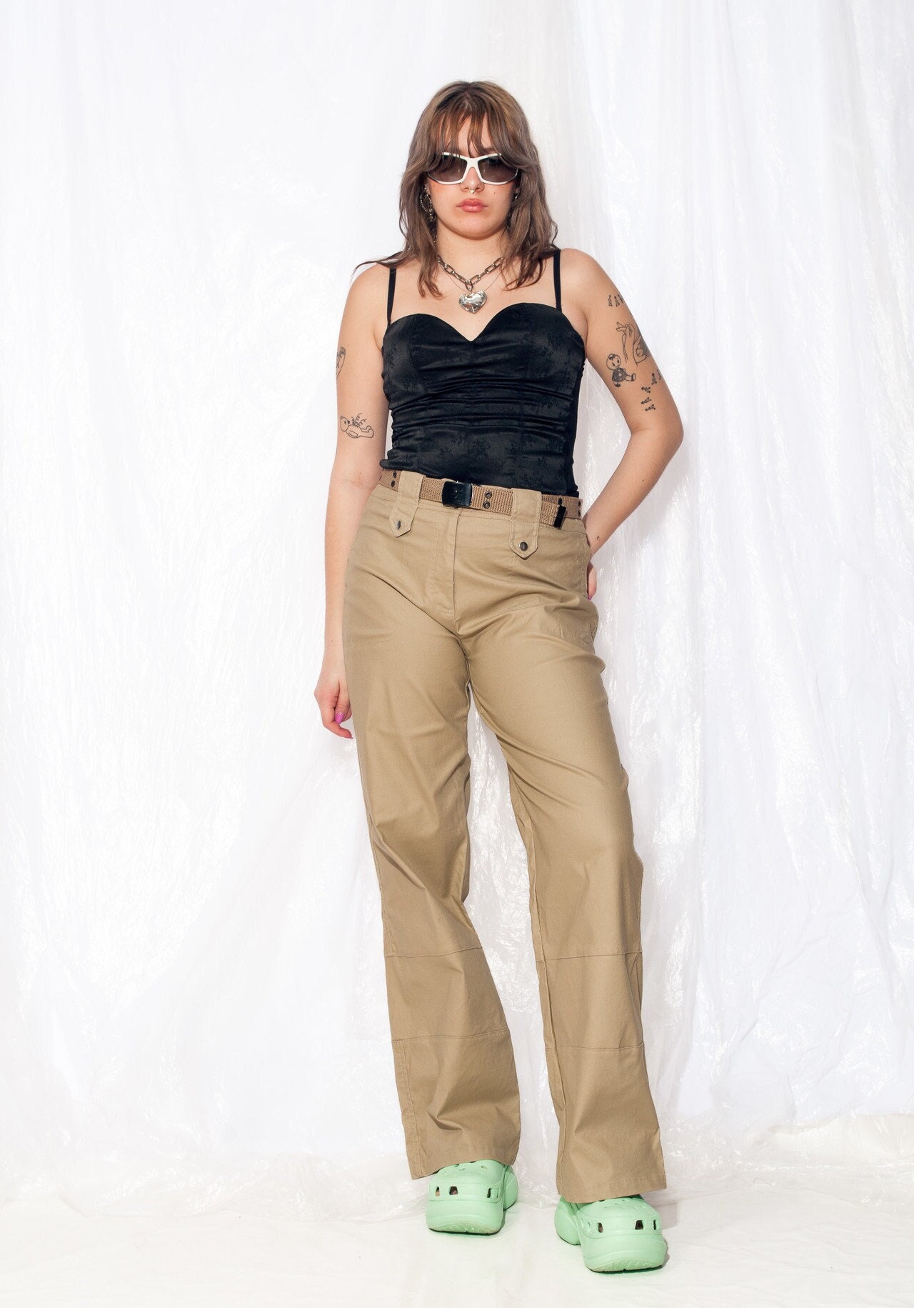 Vintage Cargo Trousers Y2K Wide-Leg Flare Pants in Beige 2000S Gorpcore Utility Rave Flares Size Xl L 40 42