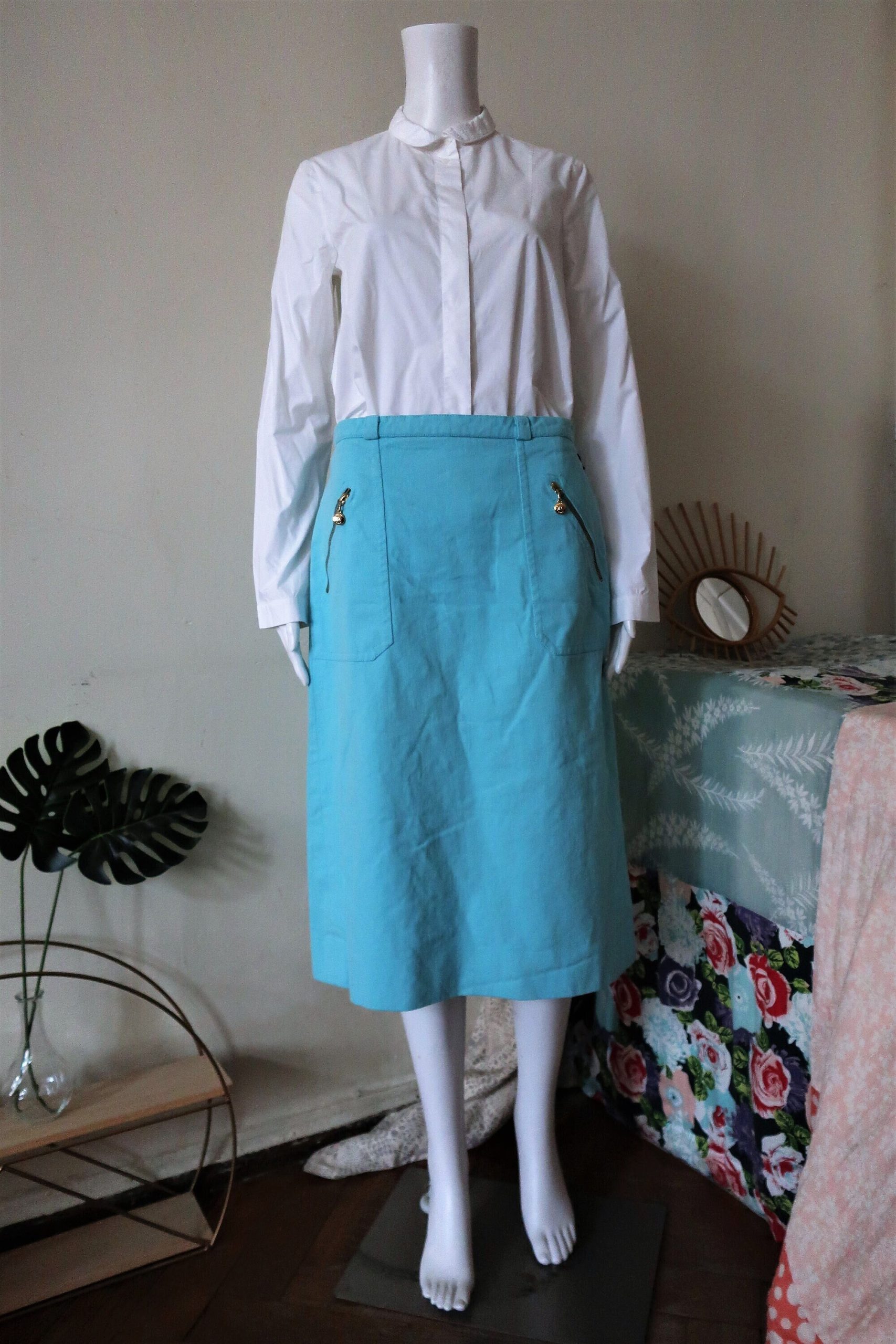 Vintage Céline Paris Cyan Denim Midi Skirt With Golden Details Preppy French Chic 1980S 80S Made in Switzerland