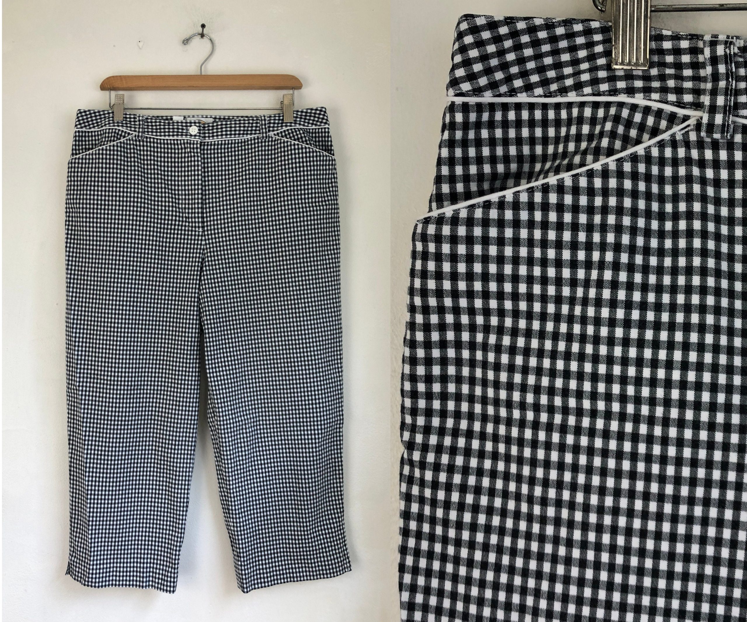 Vintage Checkered Cotton Capris | 90S Talbots Black & White Plaid Cropped Capri Pants With Pockets Womens Size Xl 35" Waist